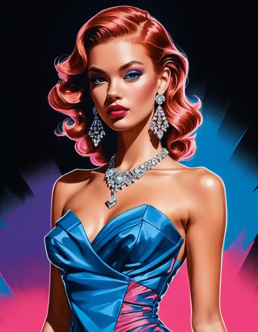 Voluptuous redhead in neon couture prom dress sketch