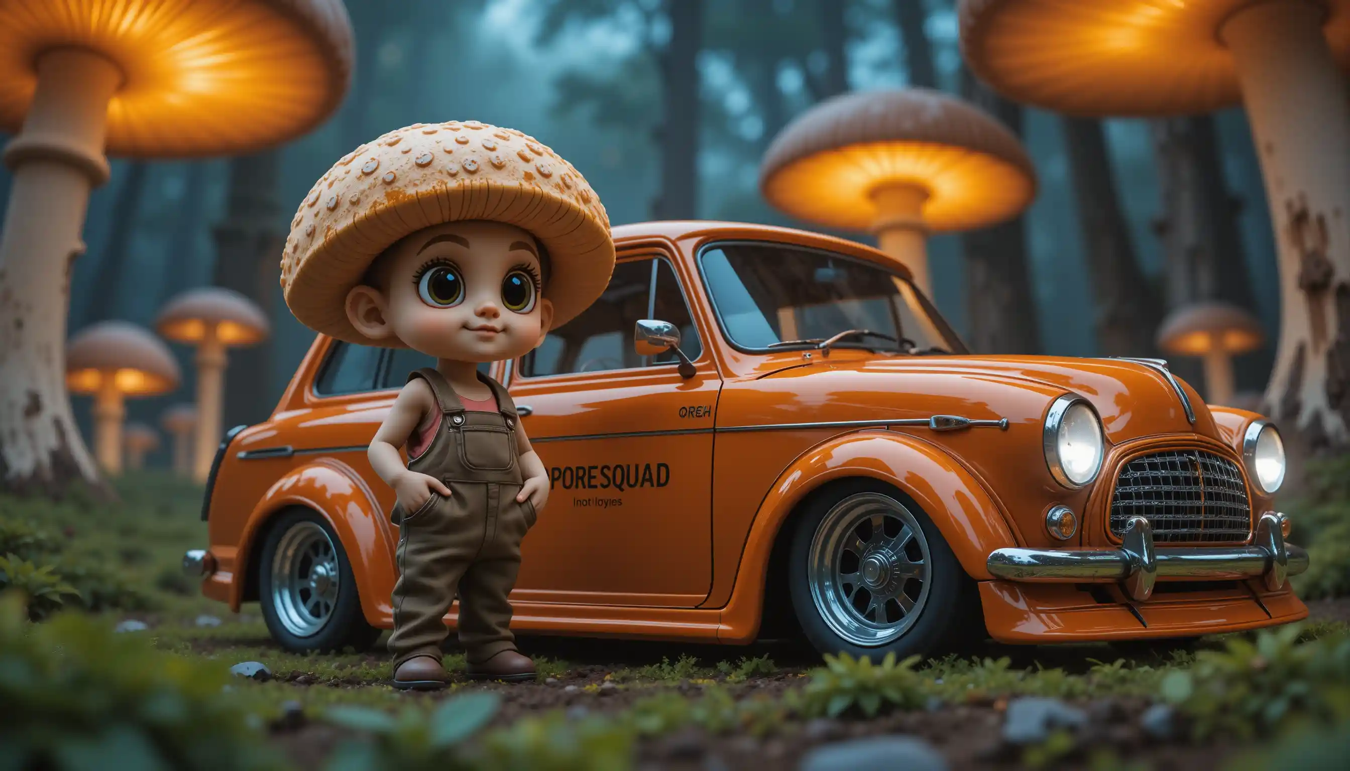 Mushroom sprout beside tuned hatchback in glowing forest
