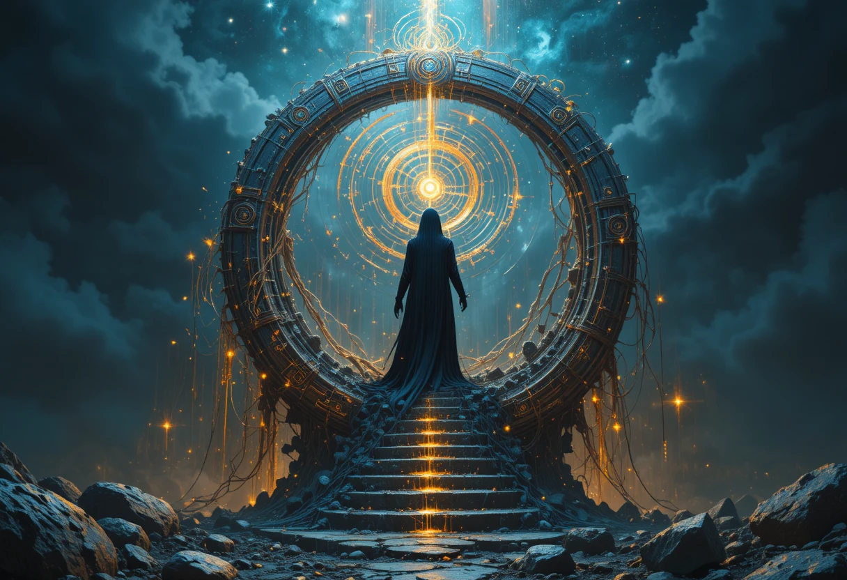 Raven guarding a glowing cosmic circle of golden threads