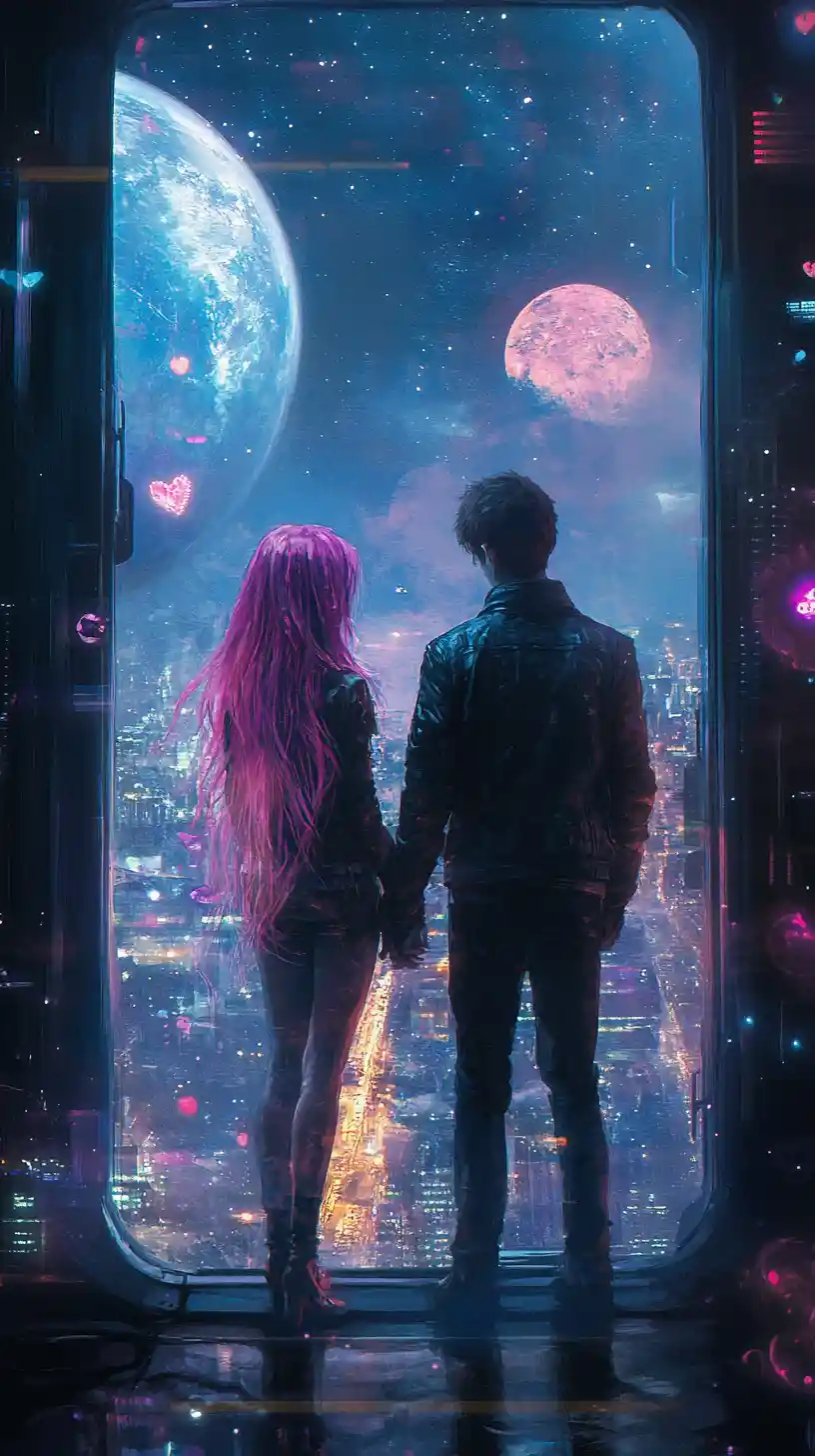 Anime couple holding hands in a space station window