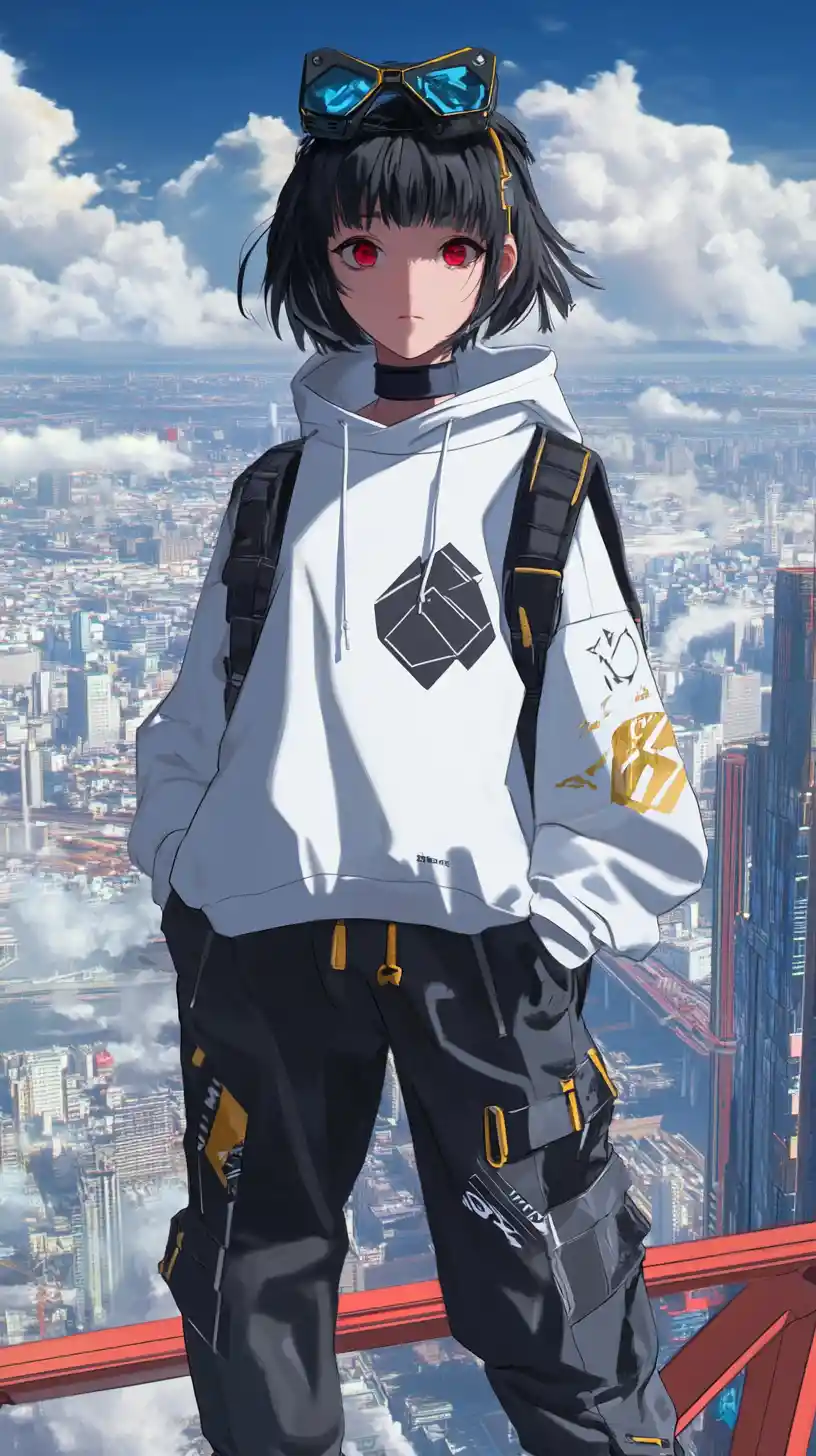 Anime girl with visor mask and futuristic sword on rooftop