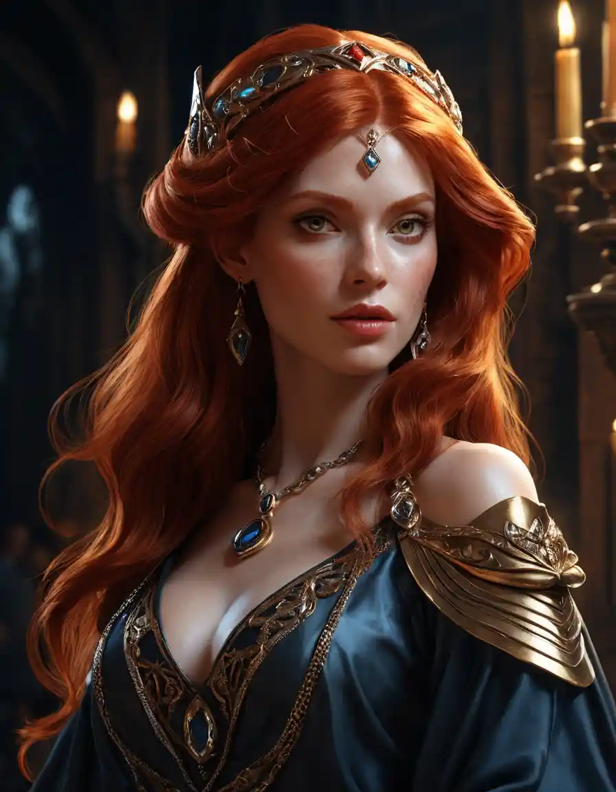 Red haired sorceress portrait in detailed fantasy illustration