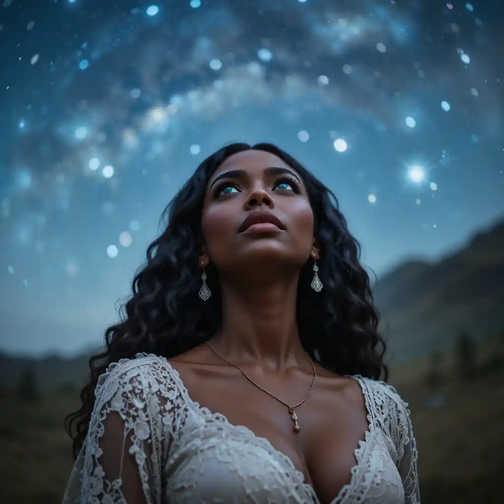 Black woman gazing up at a distant starry sky