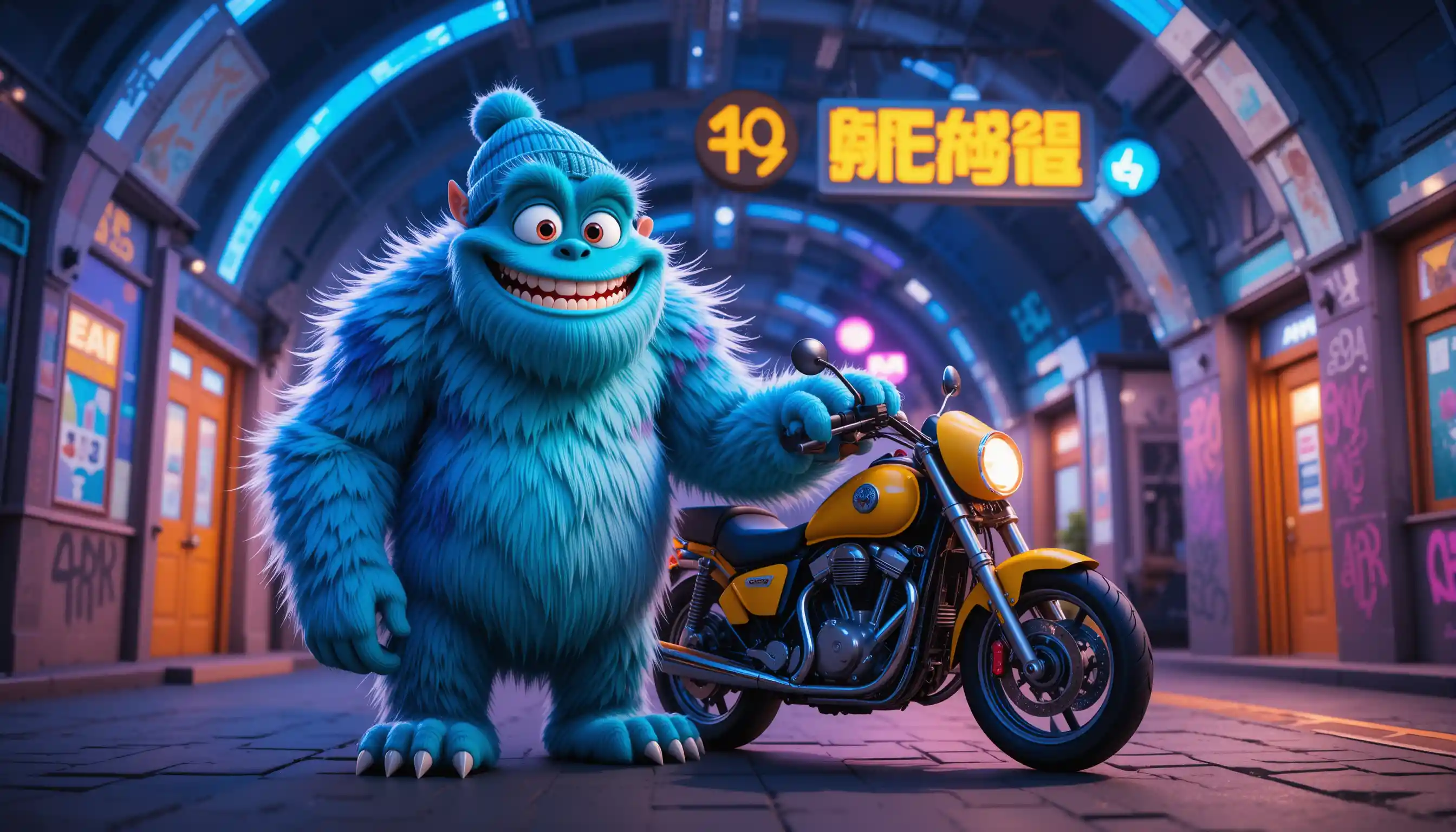 Blue cartoon monster with yellow motorcycle at neon metro