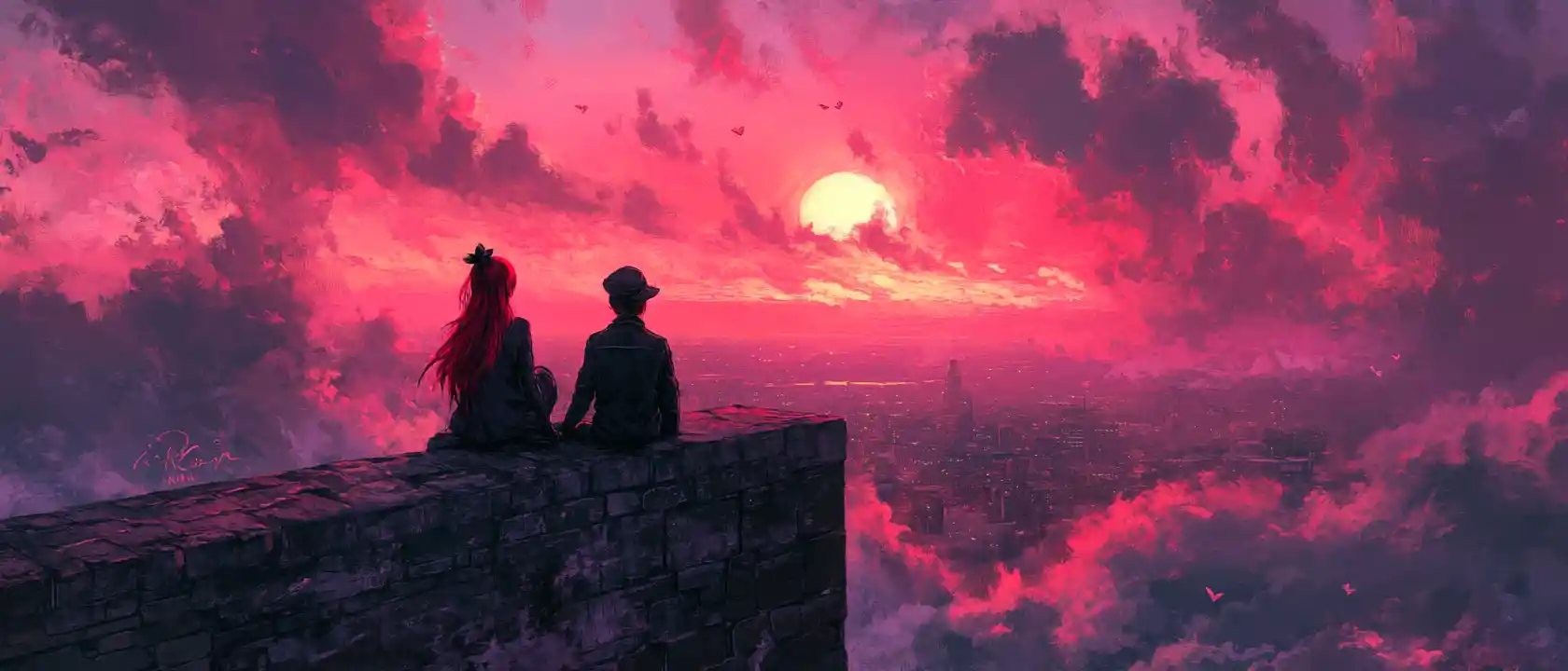 Anime couple on red brick castle wall at sunset