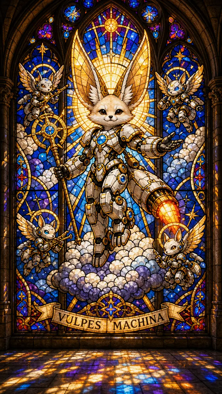 Stained Glass Mecha Fox Icon In Gothic Cathedral Window