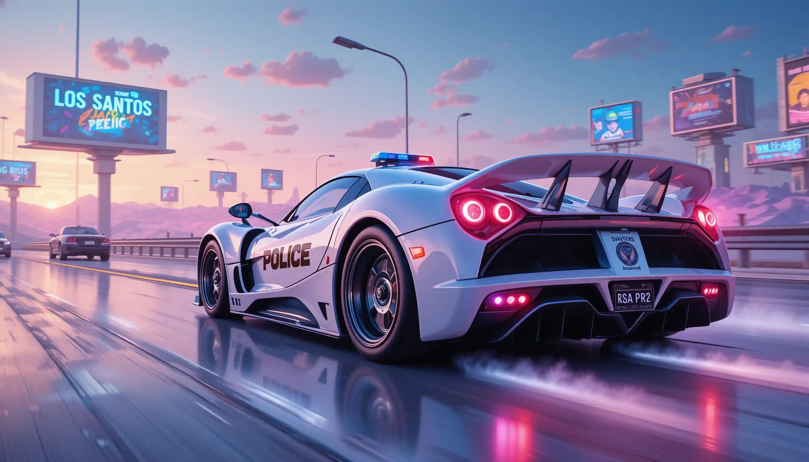 Futuristic police hypercar racing along glowing sky highway
