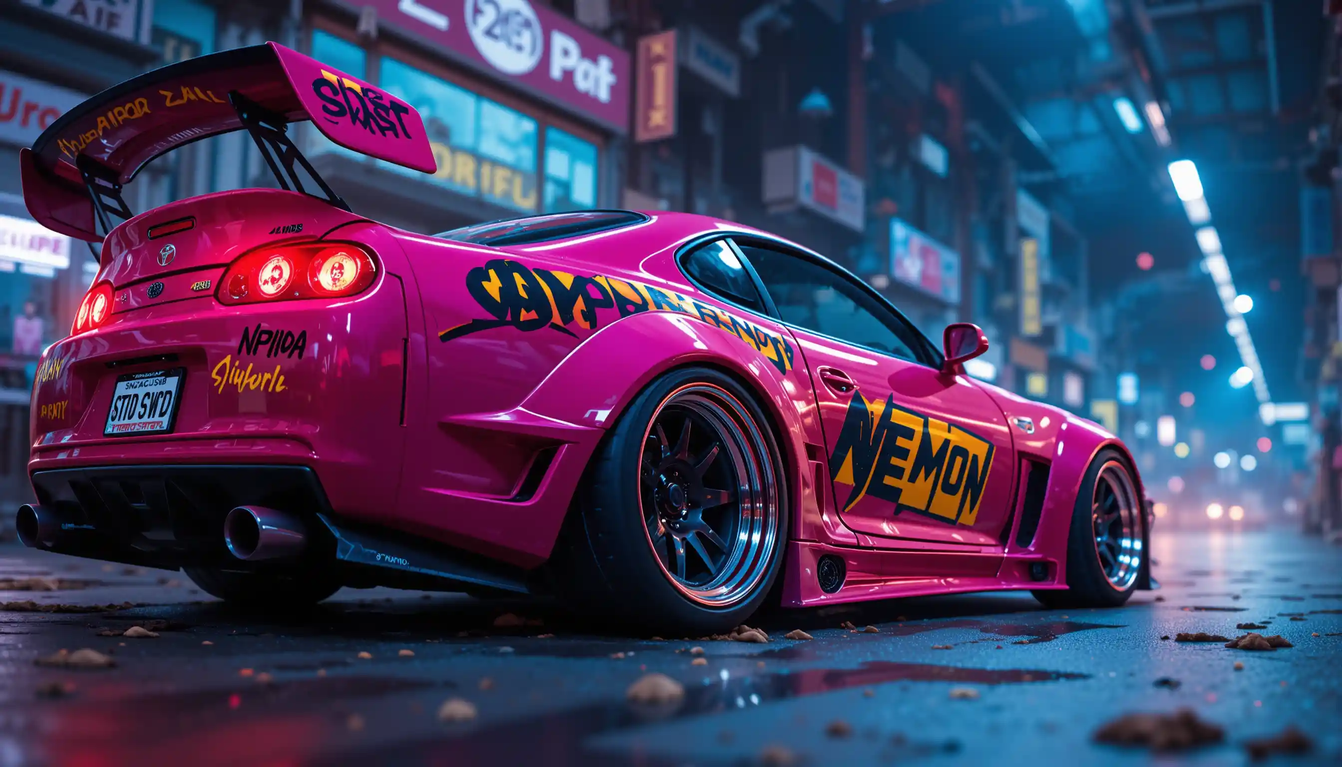 Extreme close up of widebody drift sports car