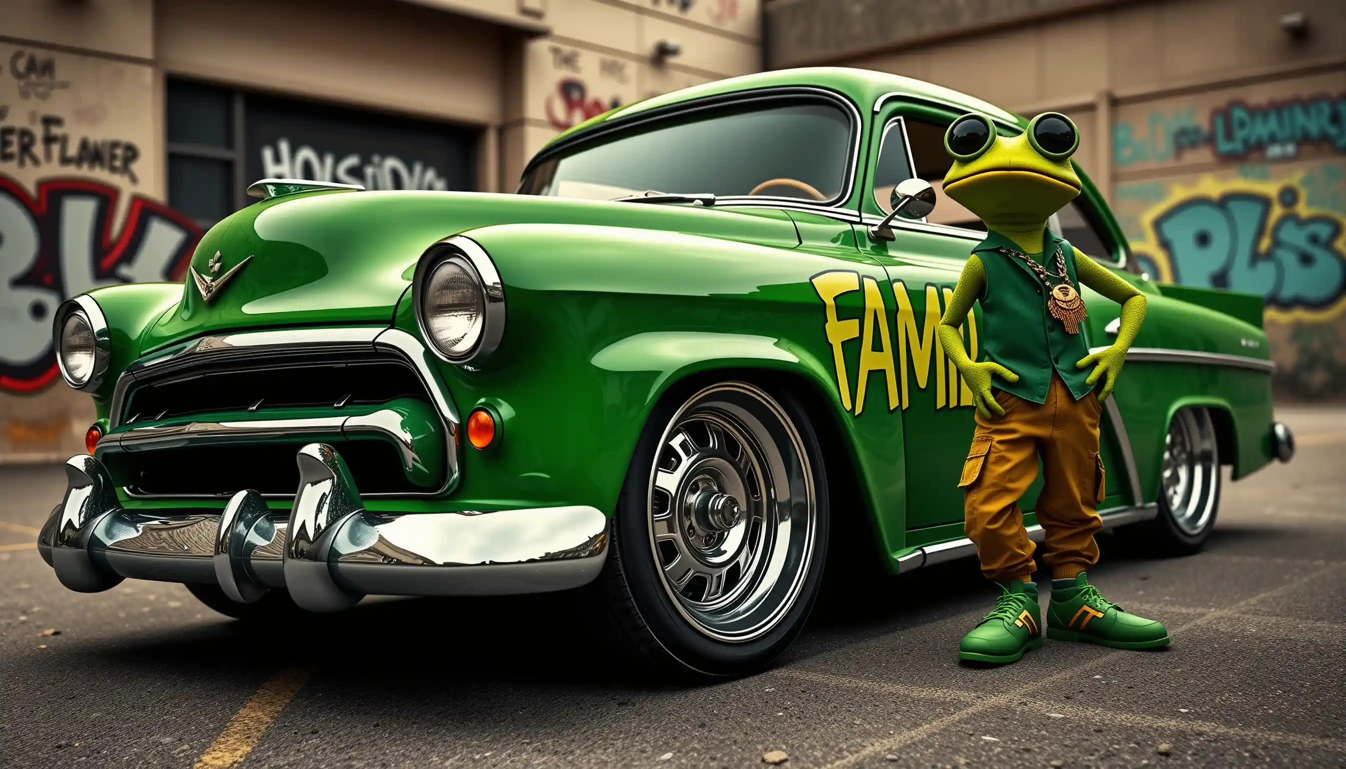 Anthropomorphic Frog Rapper Beside Custom Green Lowrider Car