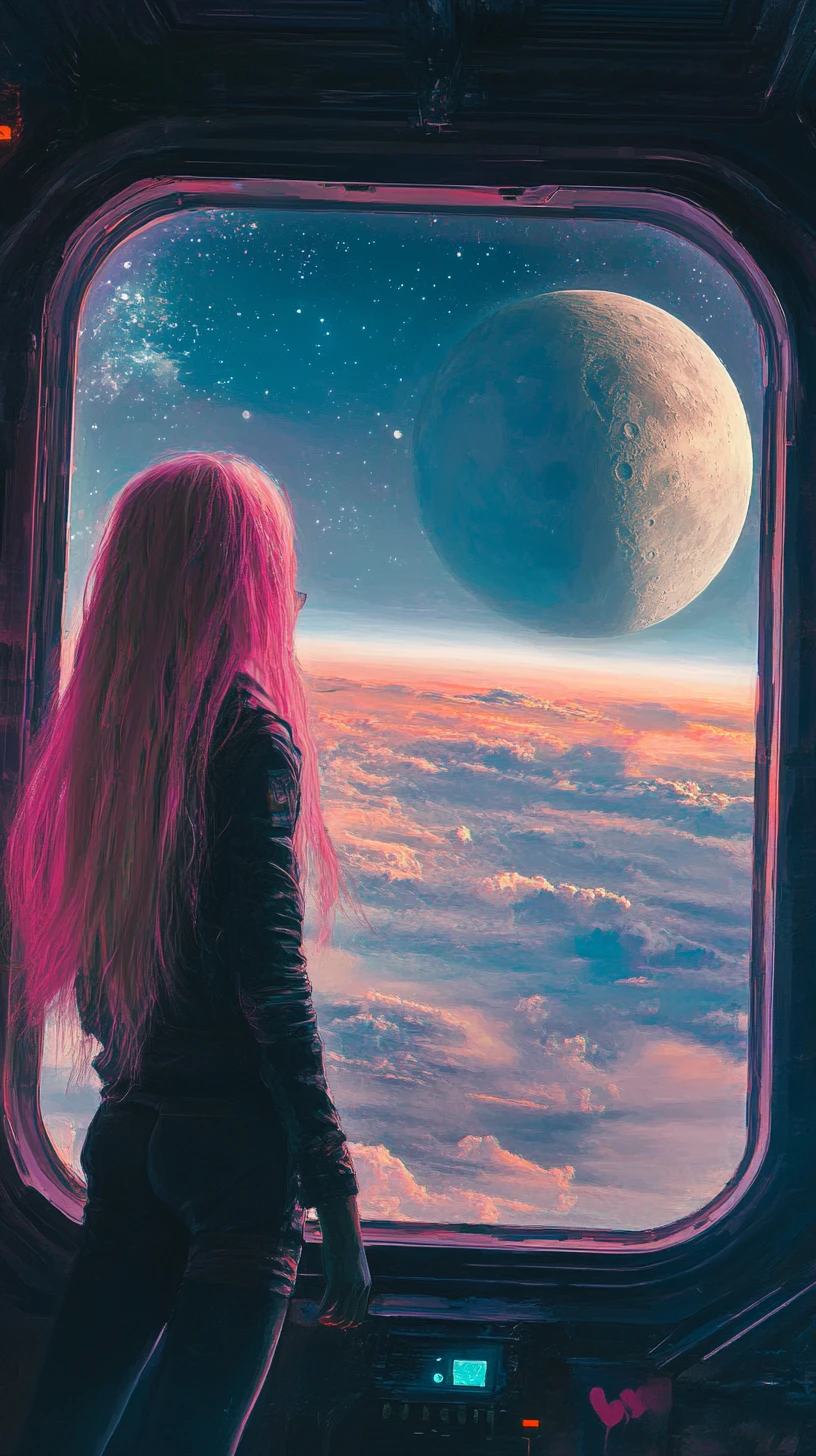 Anime couple holding hands by a space station window