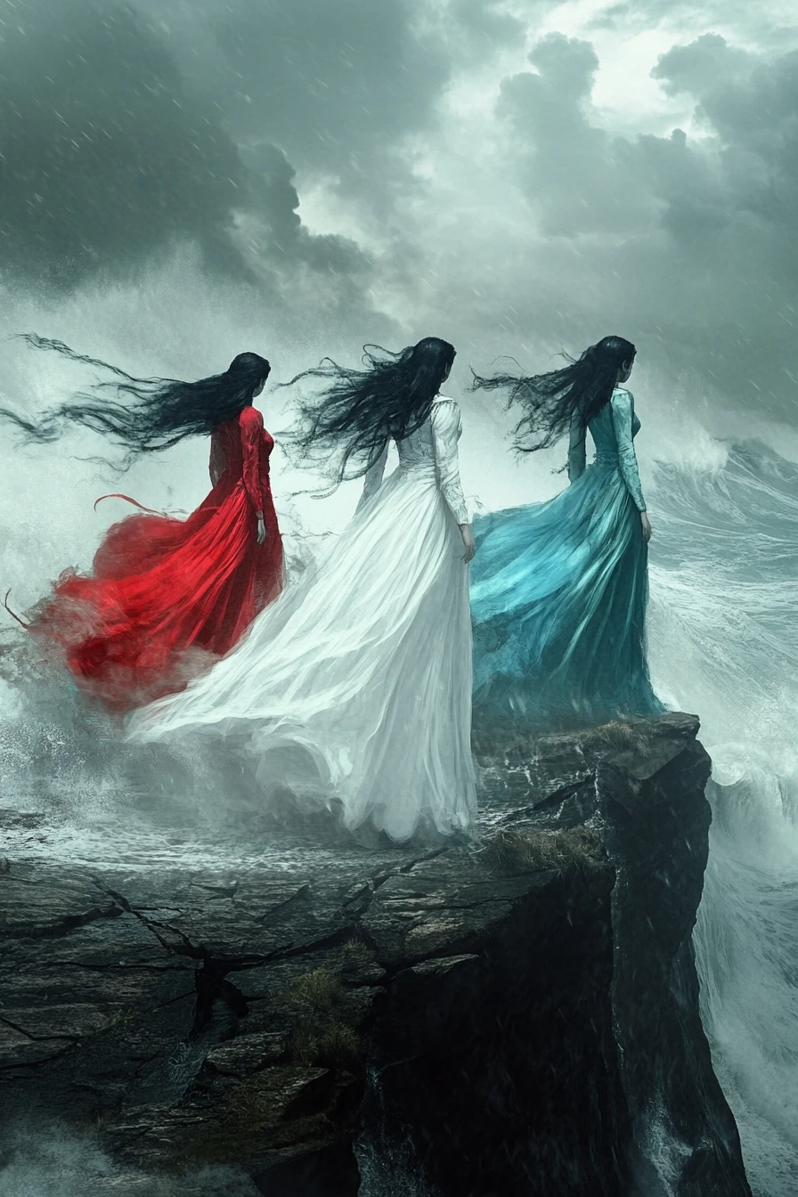 Three identical women on a stormy sea cliff