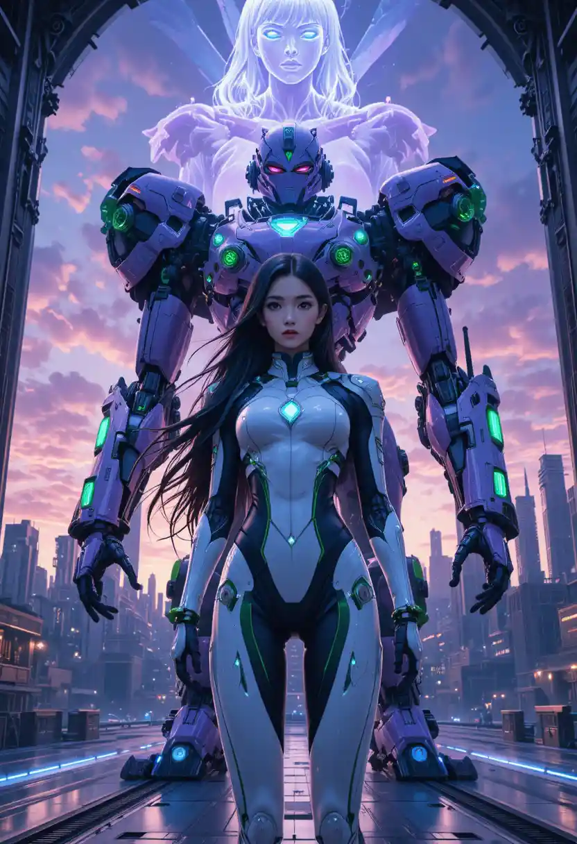 Anime pilot before towering mecha in sunset city bay