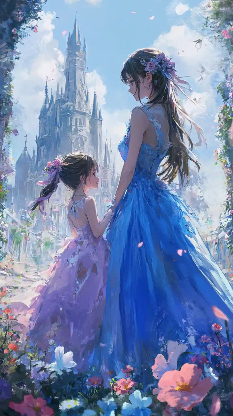 Anime mother and child sharing joyful moment at castle ruins