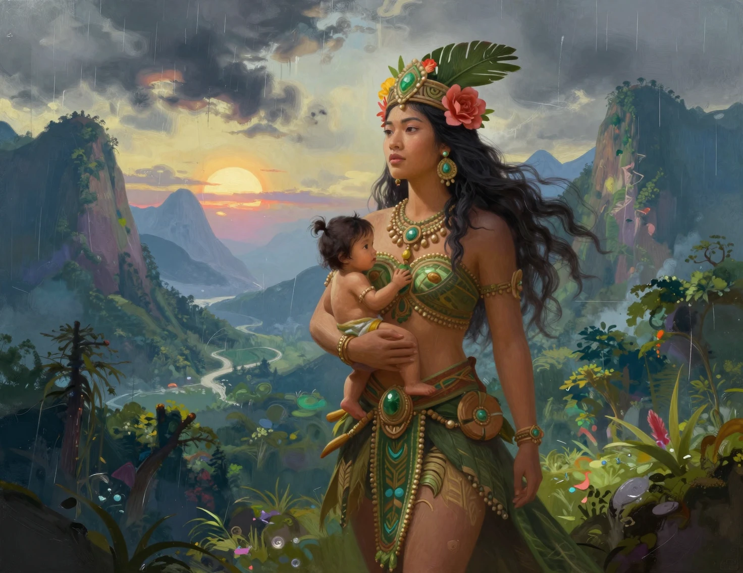 Retrato mítico de una diosa de la naturaleza ante montañas brumosas