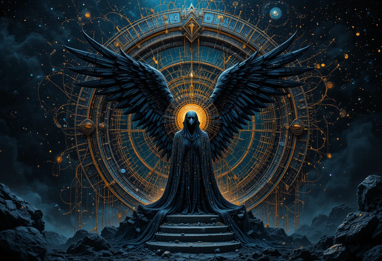 Raven with golden spiral gate in dark cosmic space