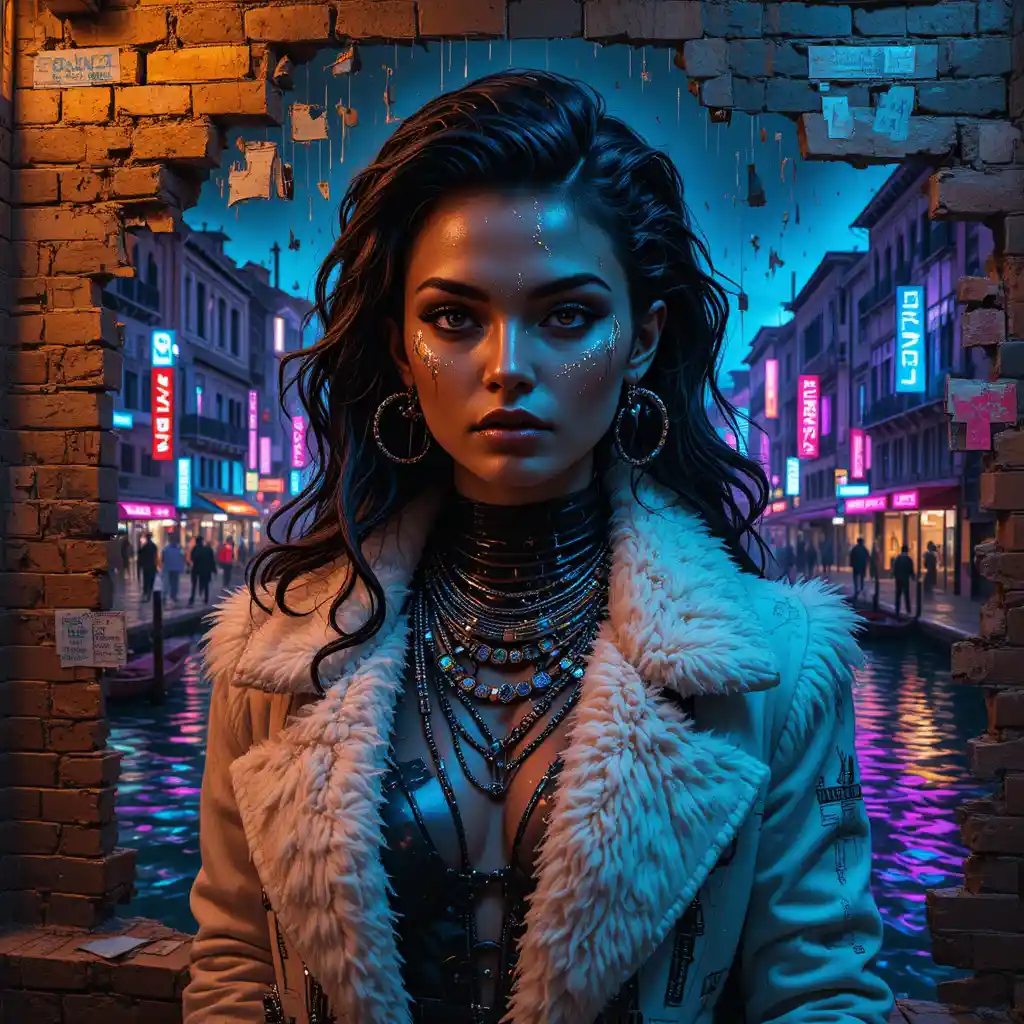 Cyberpunk fashion portrait on a brick wall in Venice