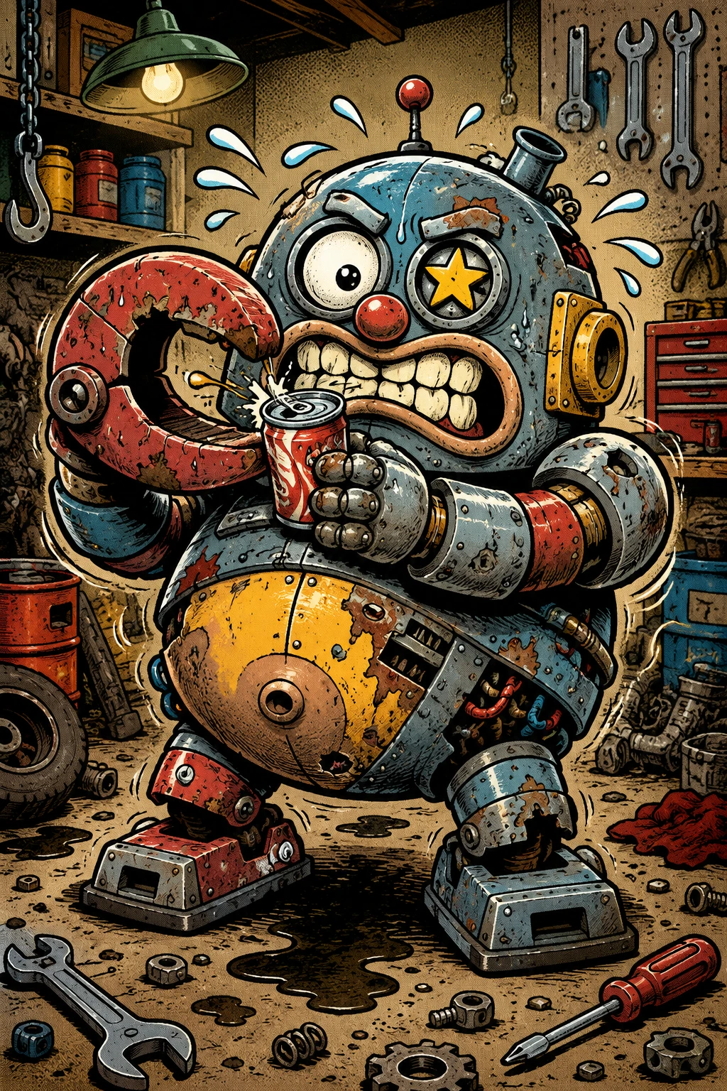 Chubby cartoon mecha struggling to open a soda can