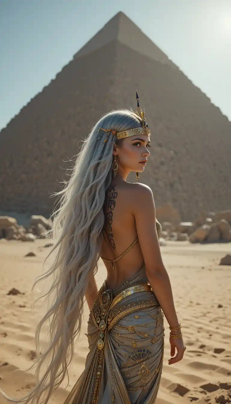 Ancient Egyptian queen before a towering desert pyramid