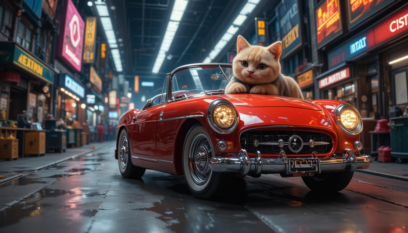 Cute cartoon cat character in a stylized city scene