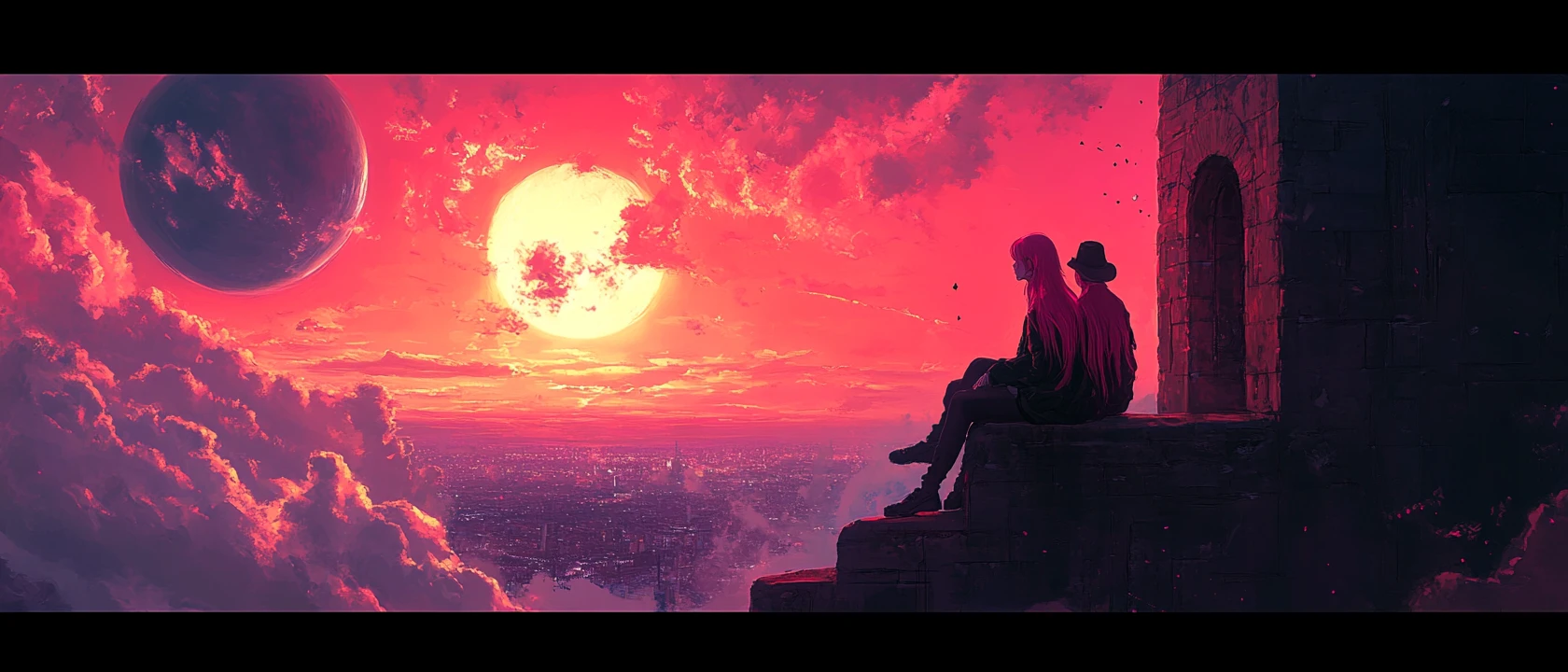 Anime couple holding hands on castle walls at sunset