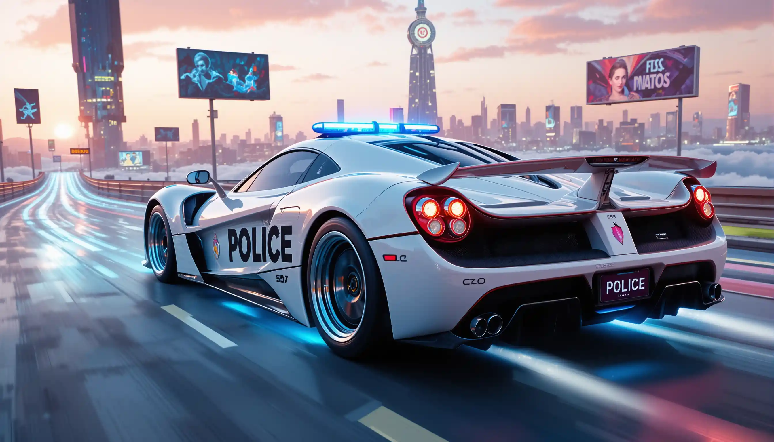 Futuristic Police Hypercar Racing Above Pink Cloud Ocean