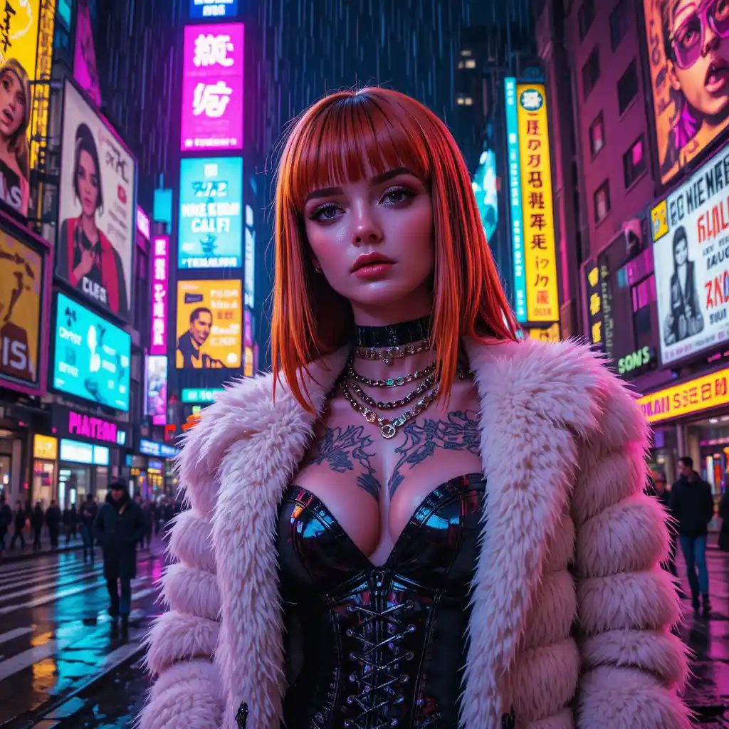 Neon lit woman in white fur coat on city wall mural