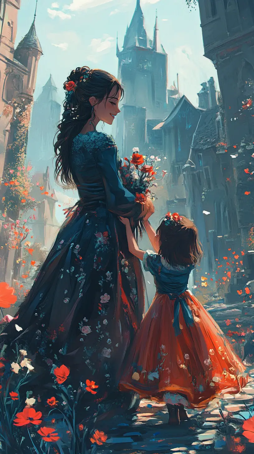 Anime mother and child sharing joy near ancient castle ruins