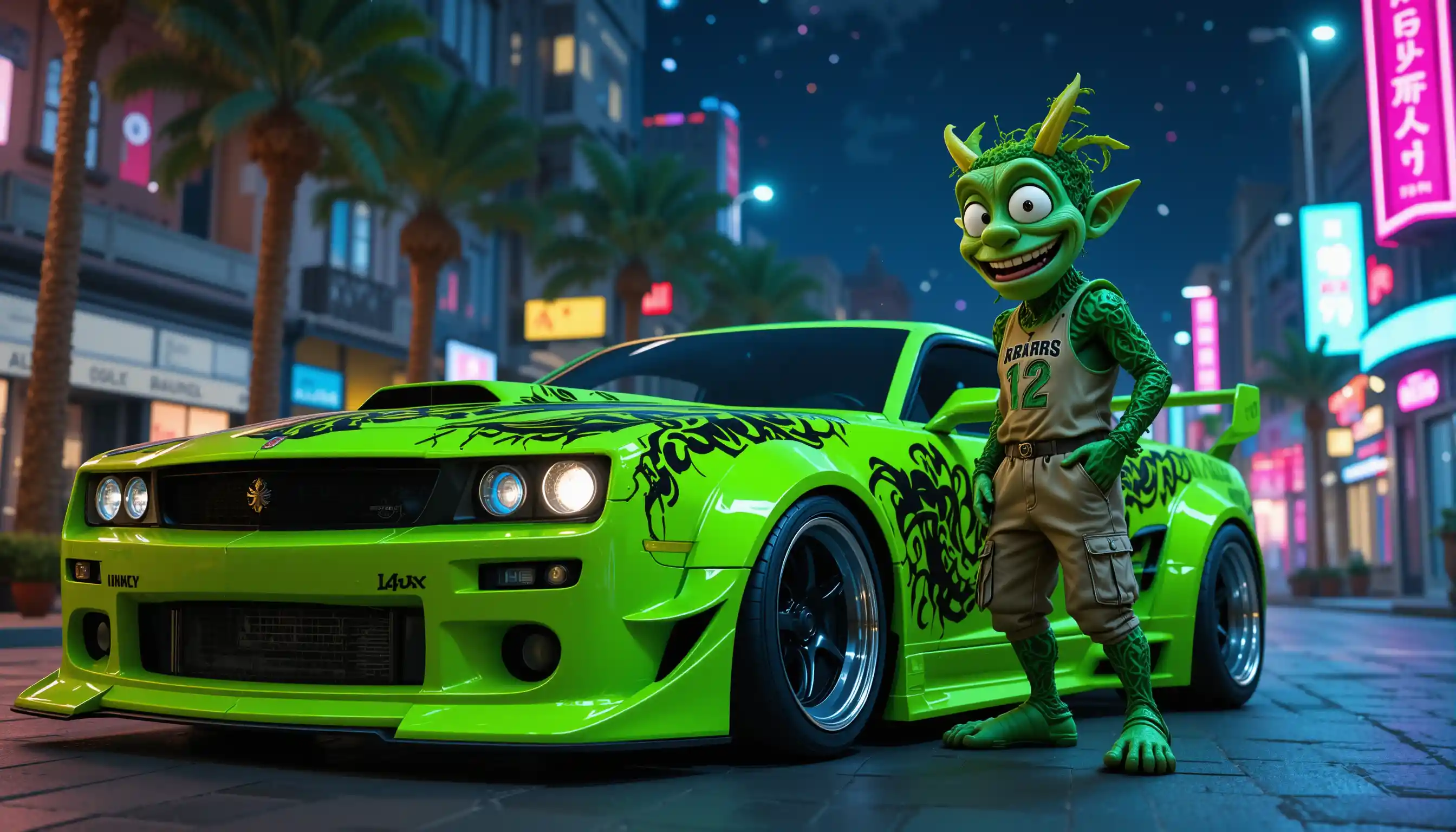 Mostro di rampicanti cartoon accanto a un'auto custom verde neon di notte
