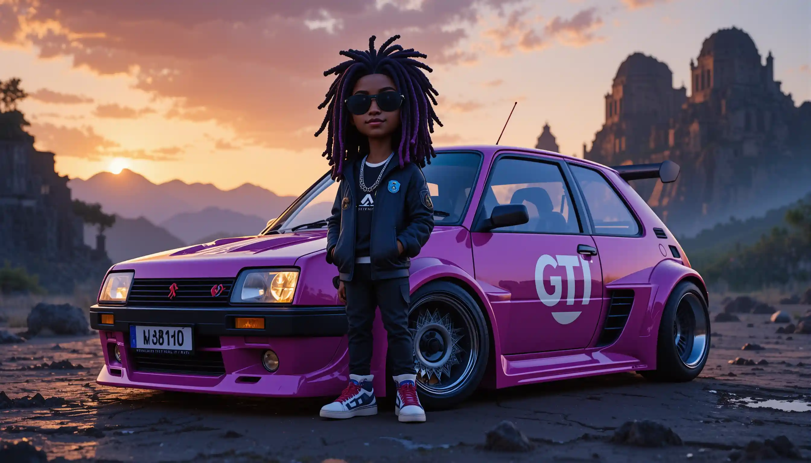 Stylized 3D rapper beside tuned hatchback at sunset fortress