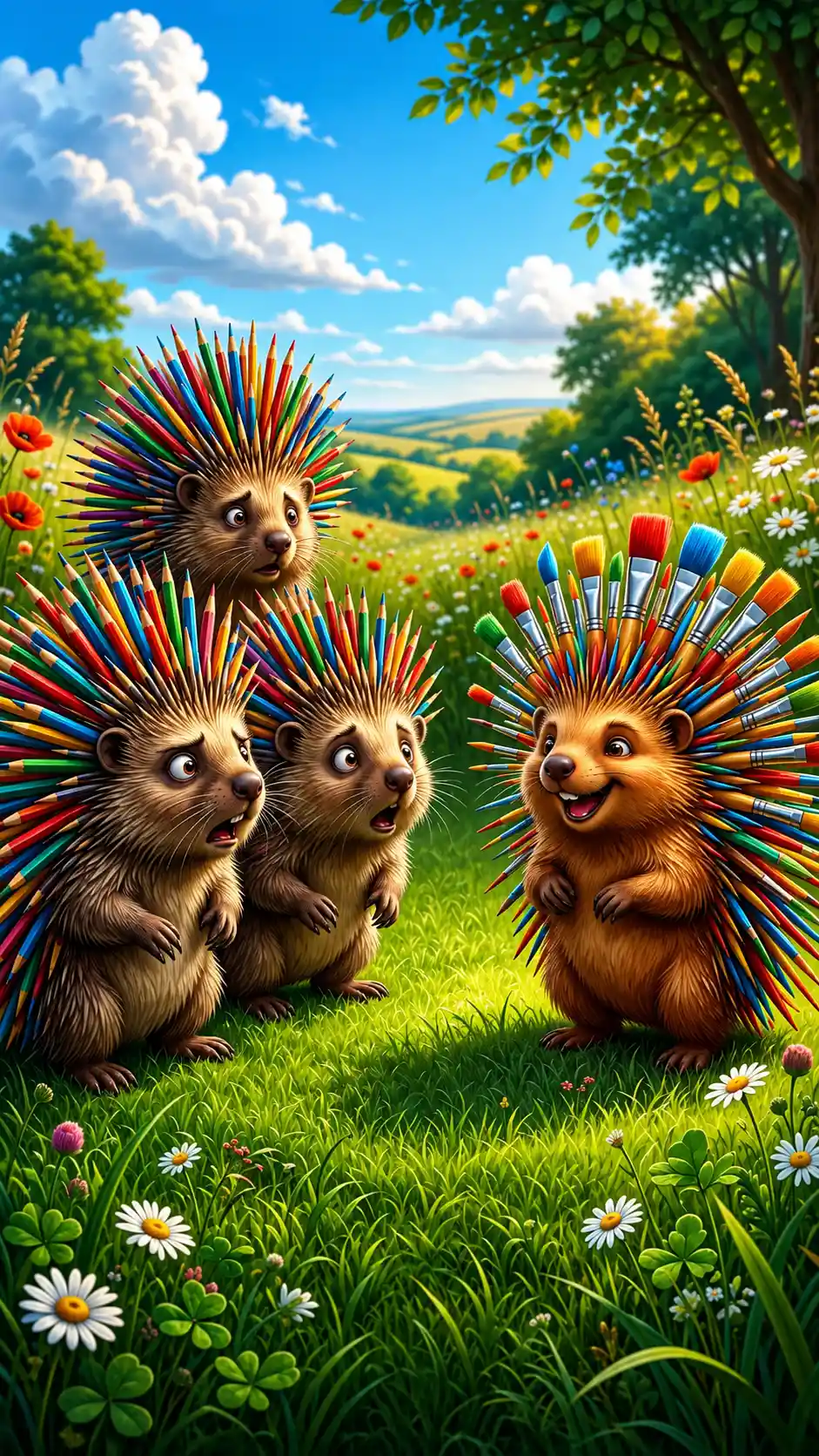 Colorful porcupines made of pencils and paintbrushes on grass
