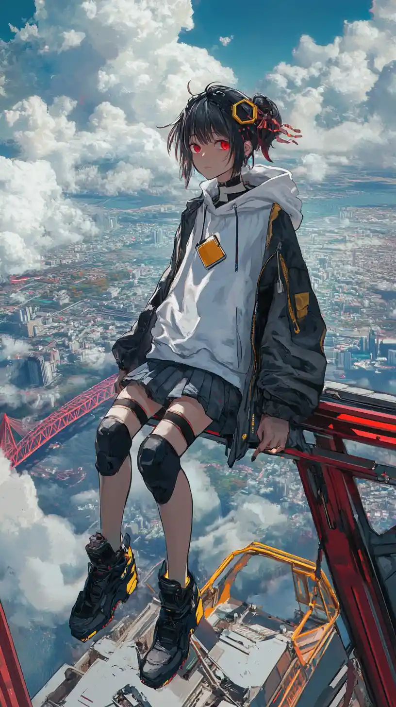 Anime girl with futuristic sword on rooftop garden