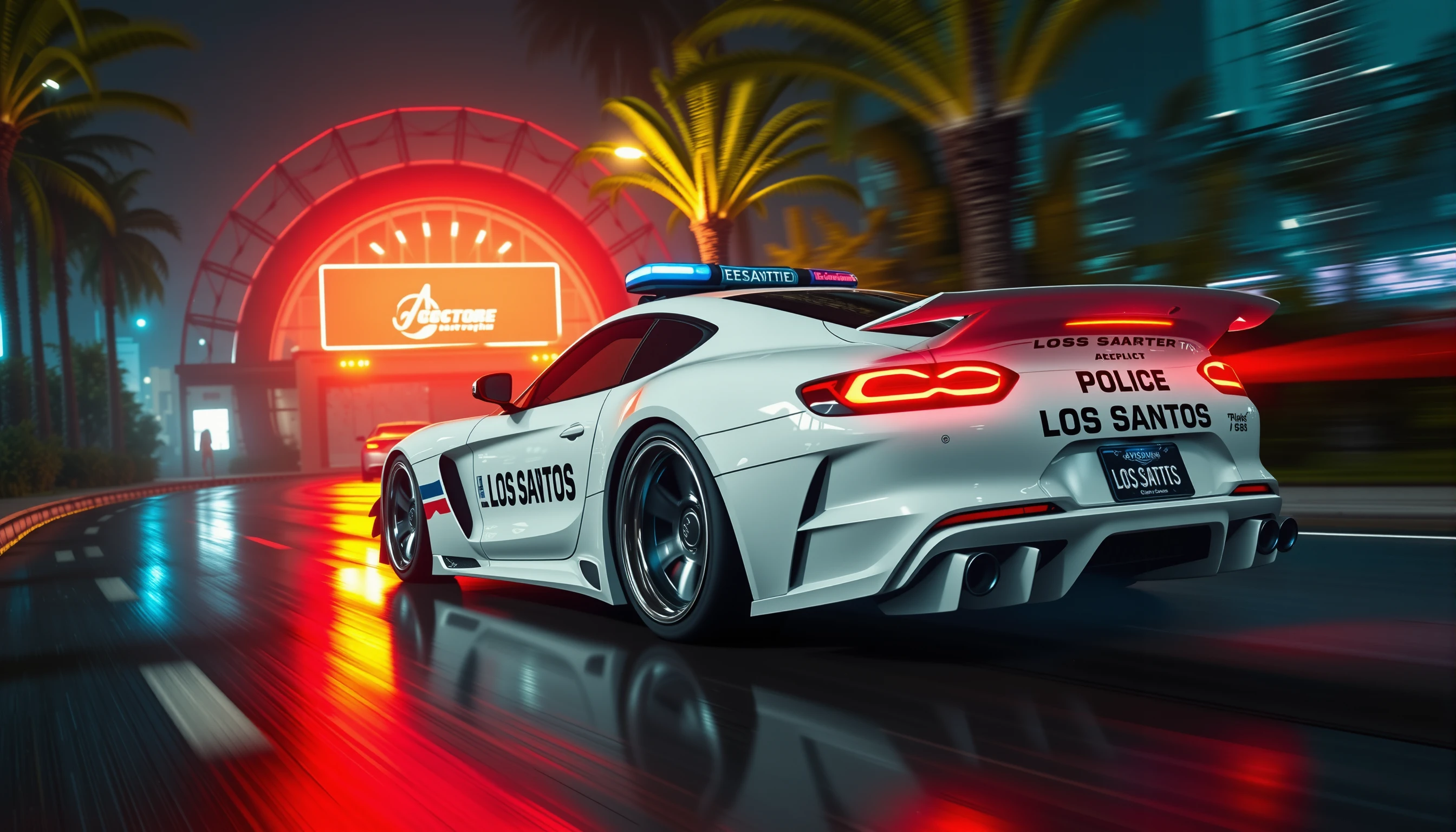 White police supercar racing on wet neon city street