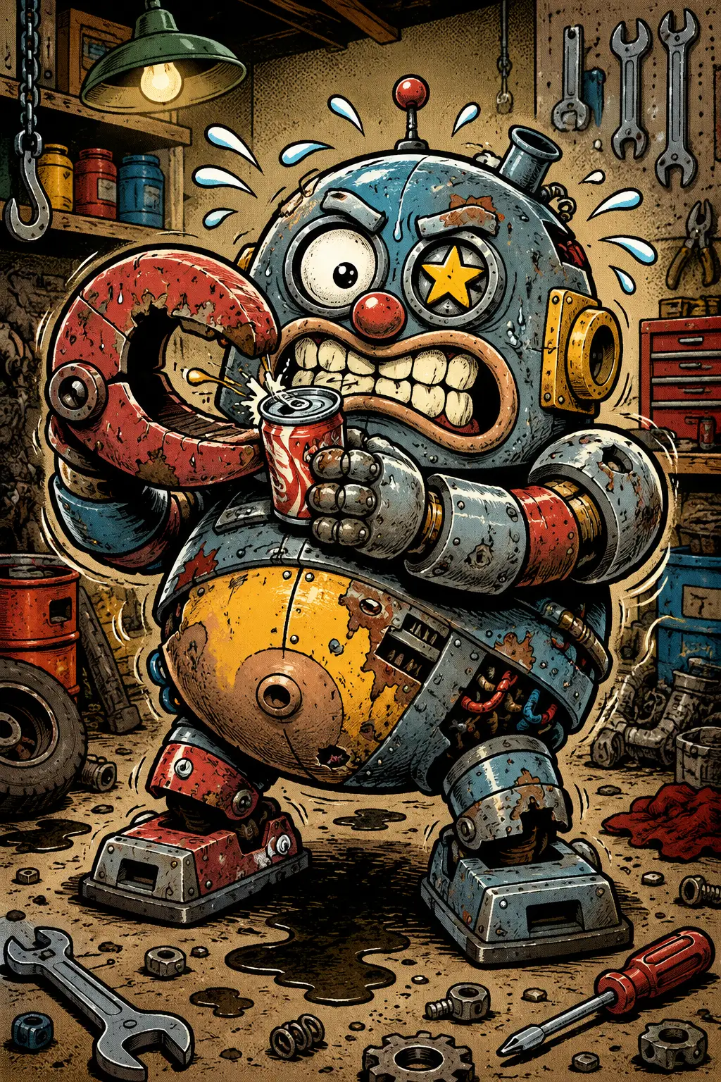 Mecha regordete de dibujos animados luchando por abrir una lata de refresco