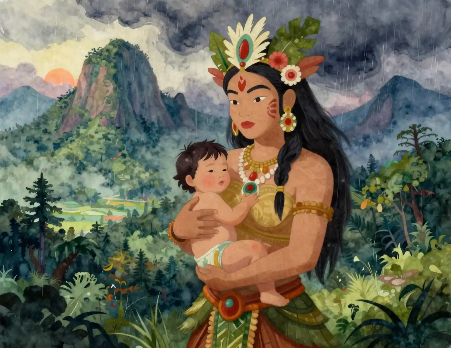 Mythic portrait of a nature goddess in mountain forest