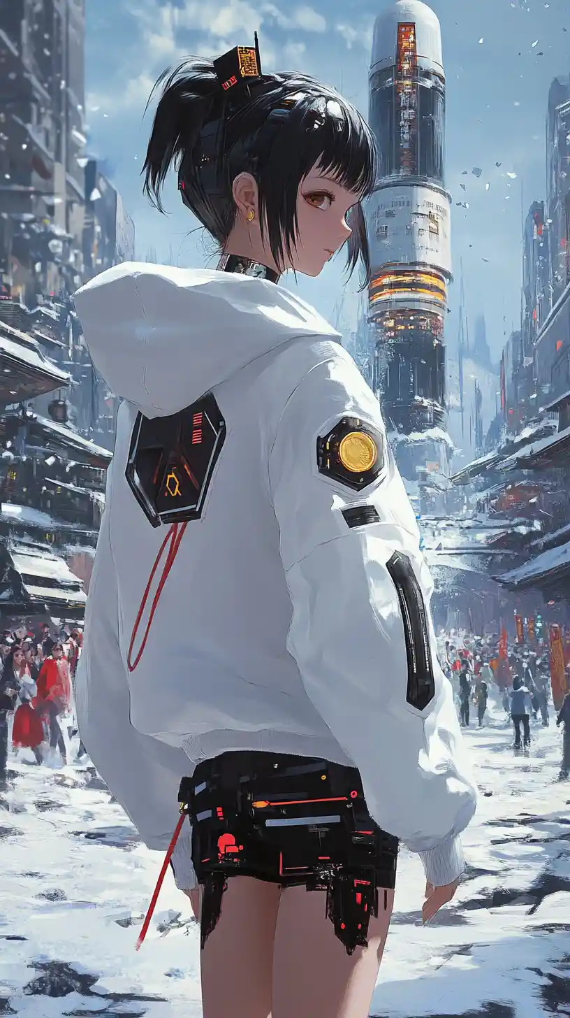 Two anime girls marching on a city street