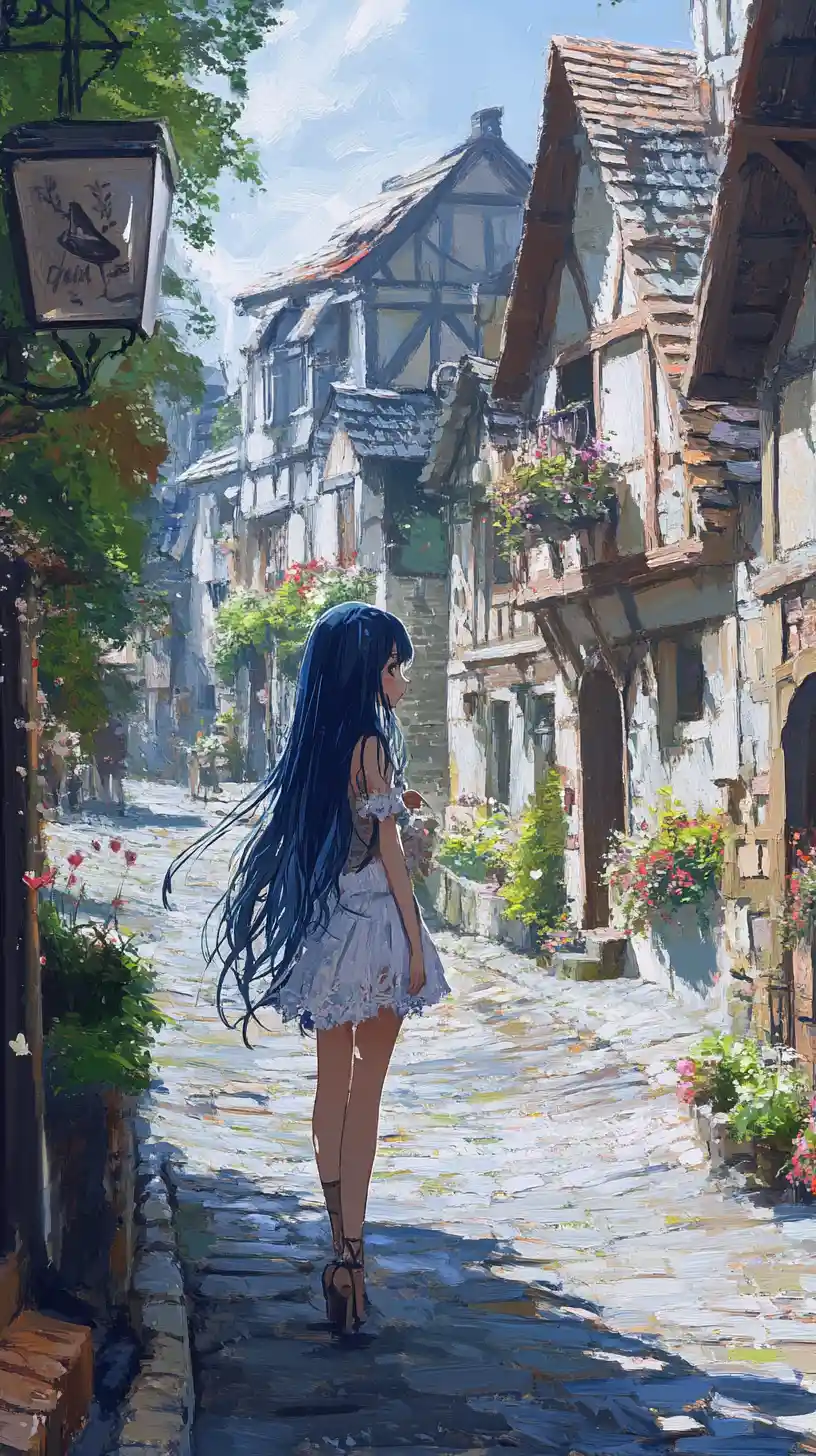 Anime girl in a small village on Valentines morning