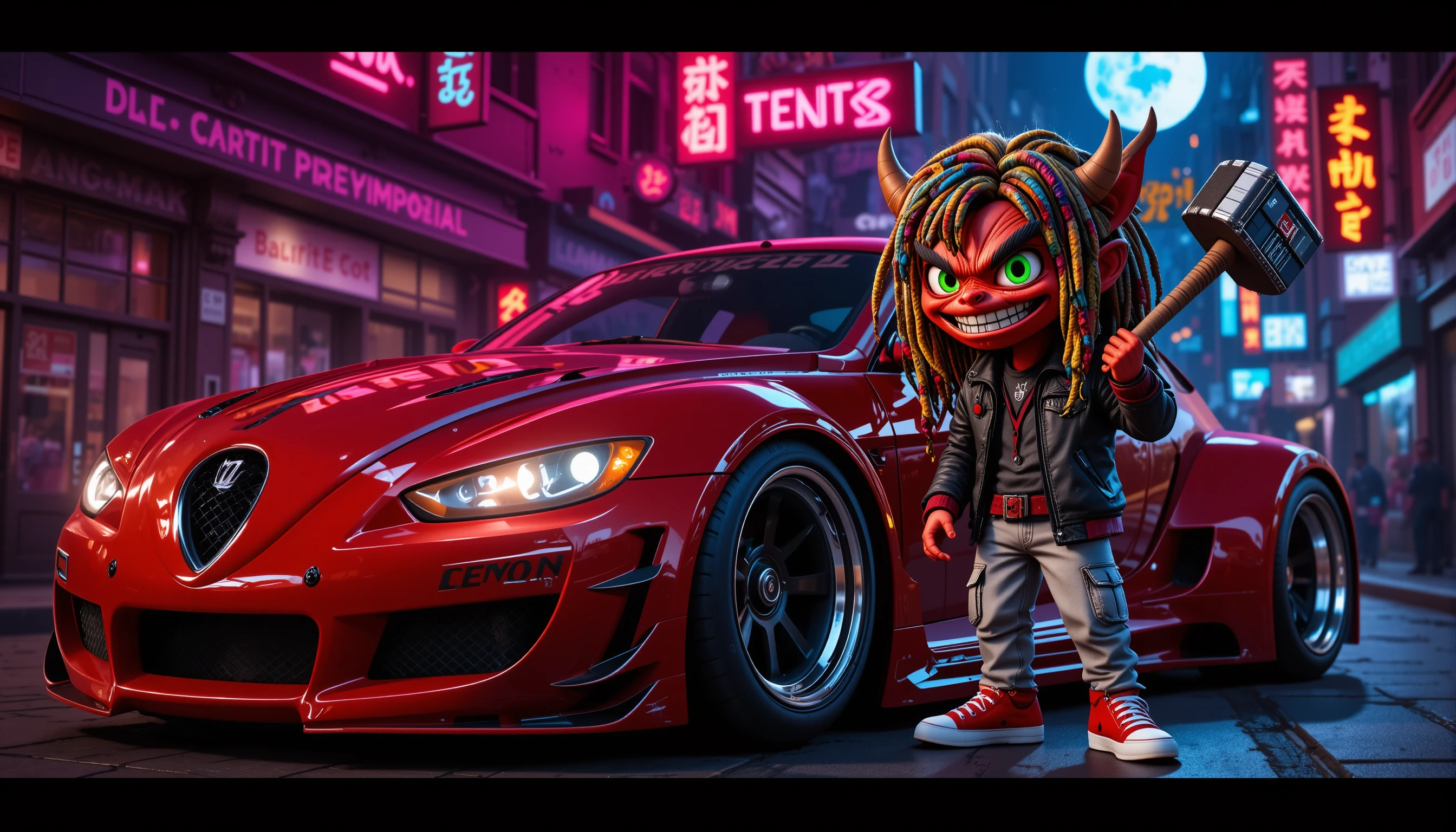 Cartoon devil monster beside custom red supercar at night