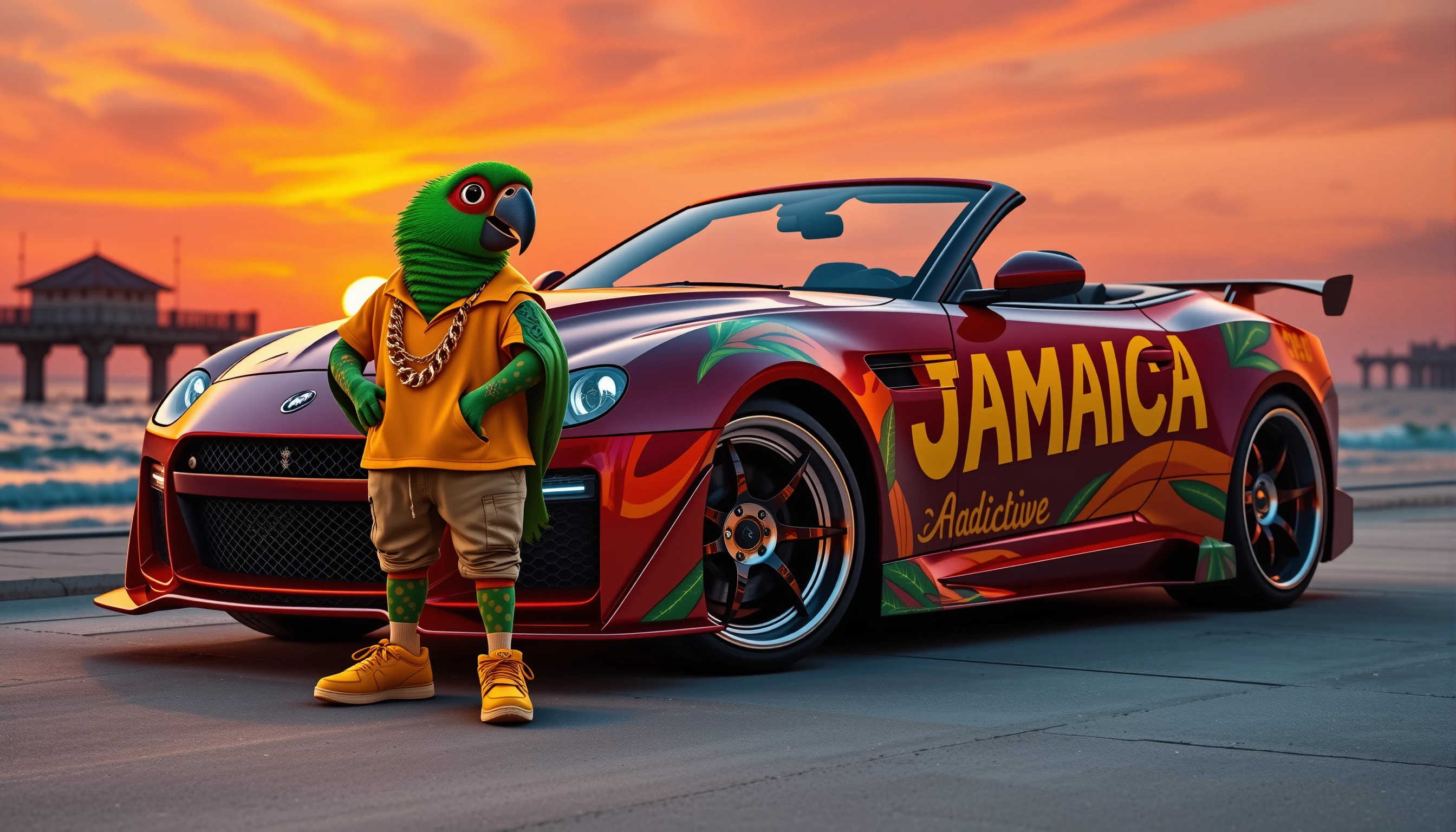 Anthropomorphic parrot rapper with tropical tuned convertible
