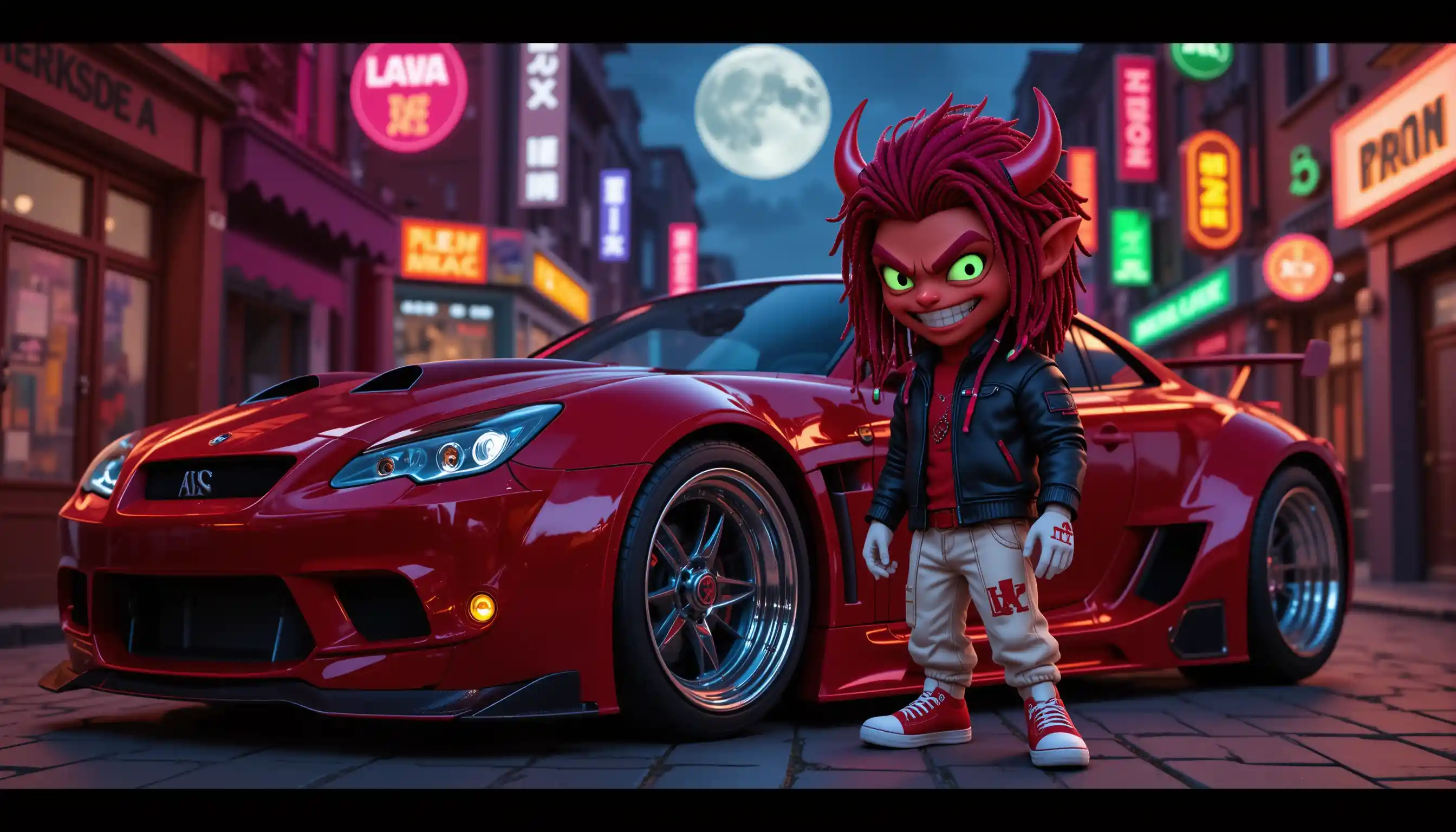 Red cartoon monster with custom crimson car at night