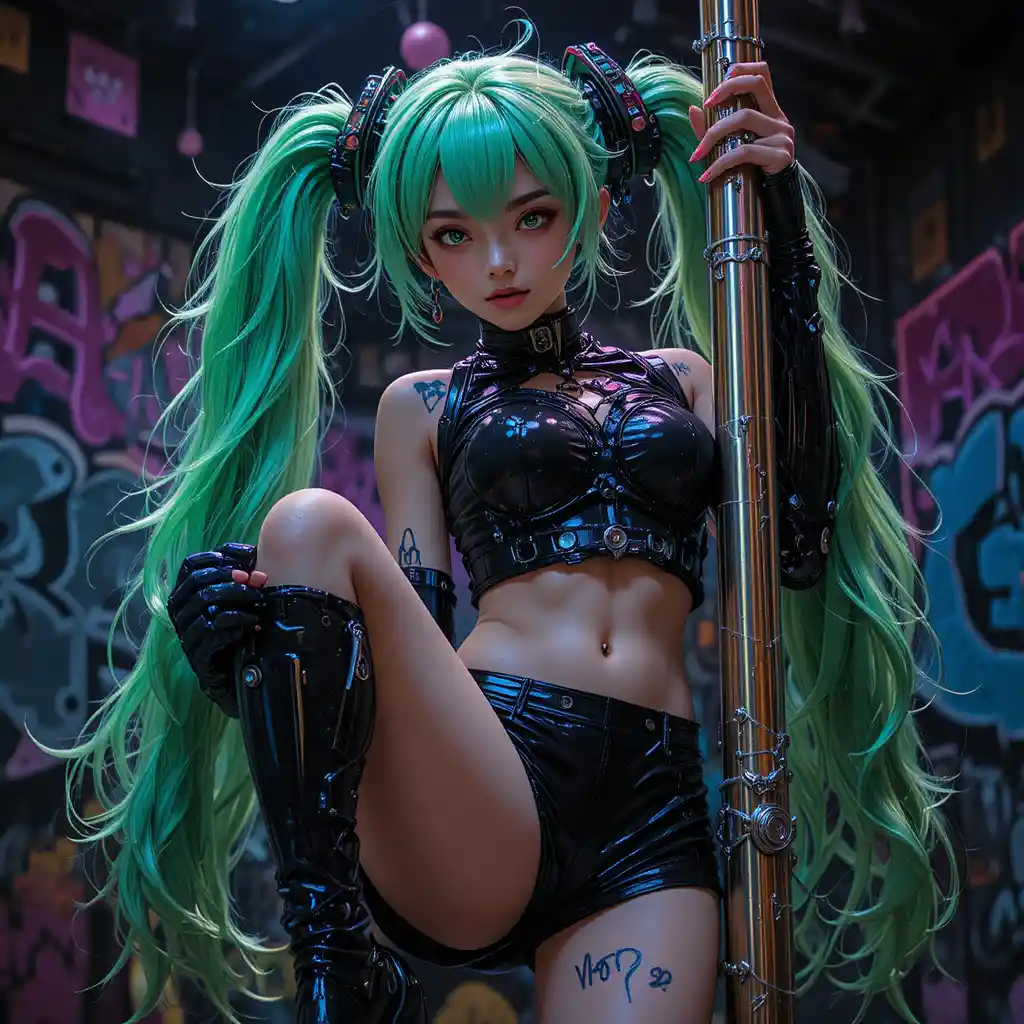 Cyborg anime girl pole dancing in a dark nightclub