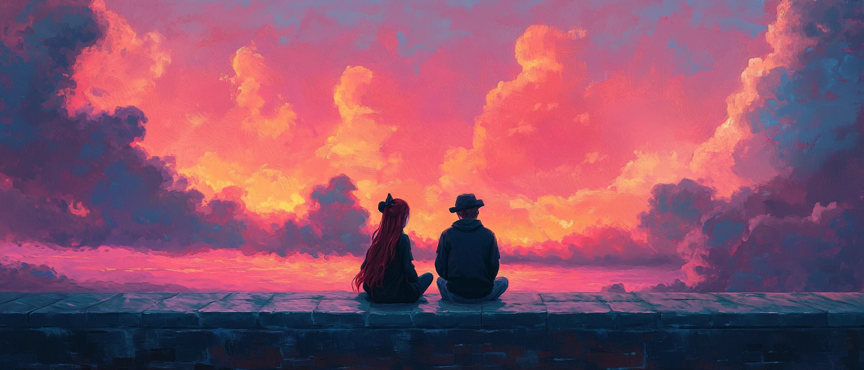 Anime couple on castle walls at sunset with pink sky