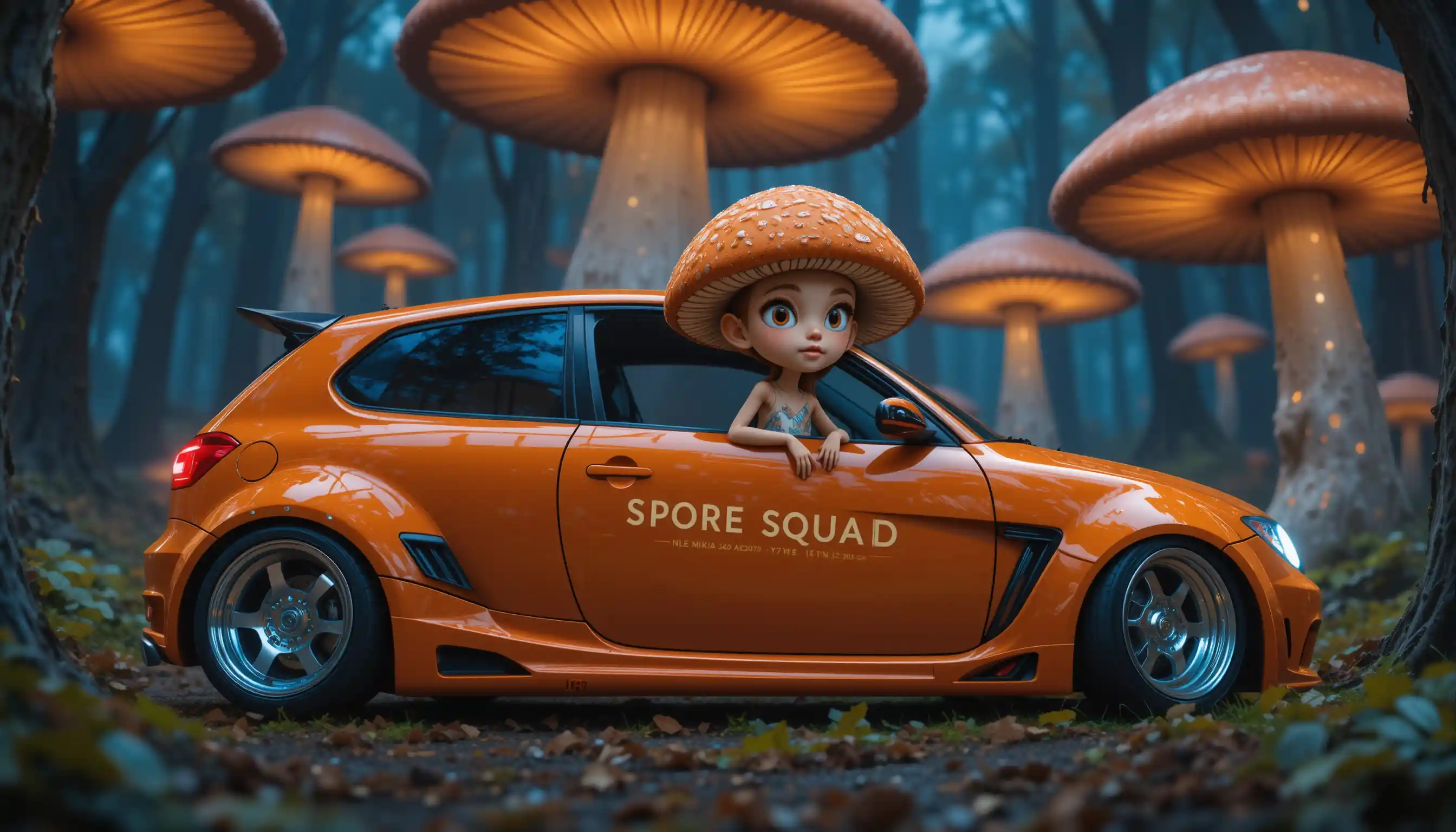 Burnt orange tuner hatchback under glowing mushroom forest