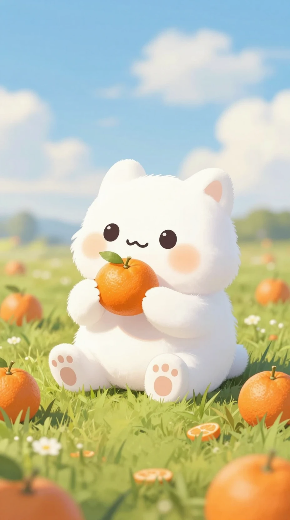Fluffy White Fantasy Creature Eating Tangerine In Sunny Meadow