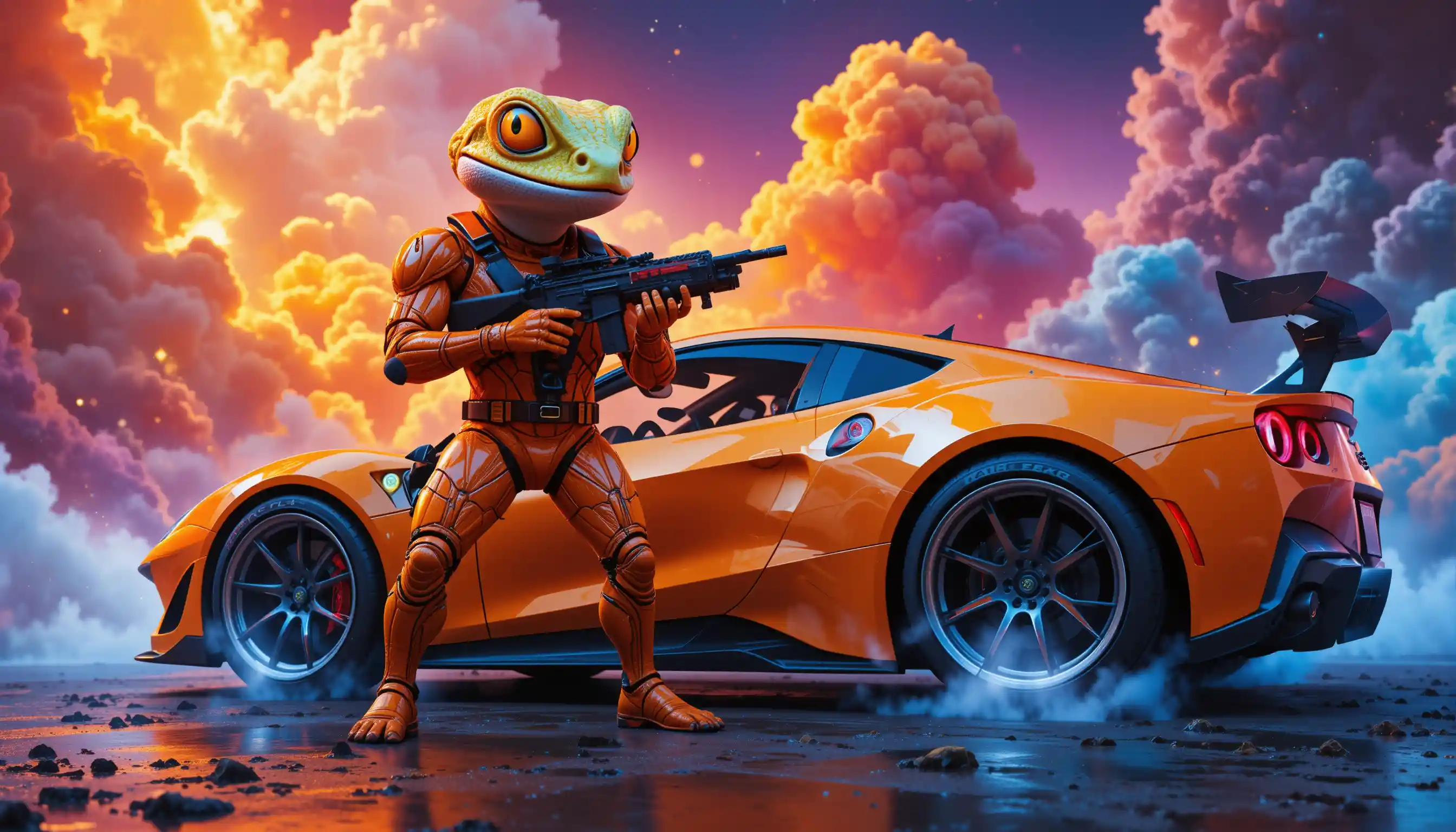 Armored Gecko Warrior Beside Futuristic Supercar