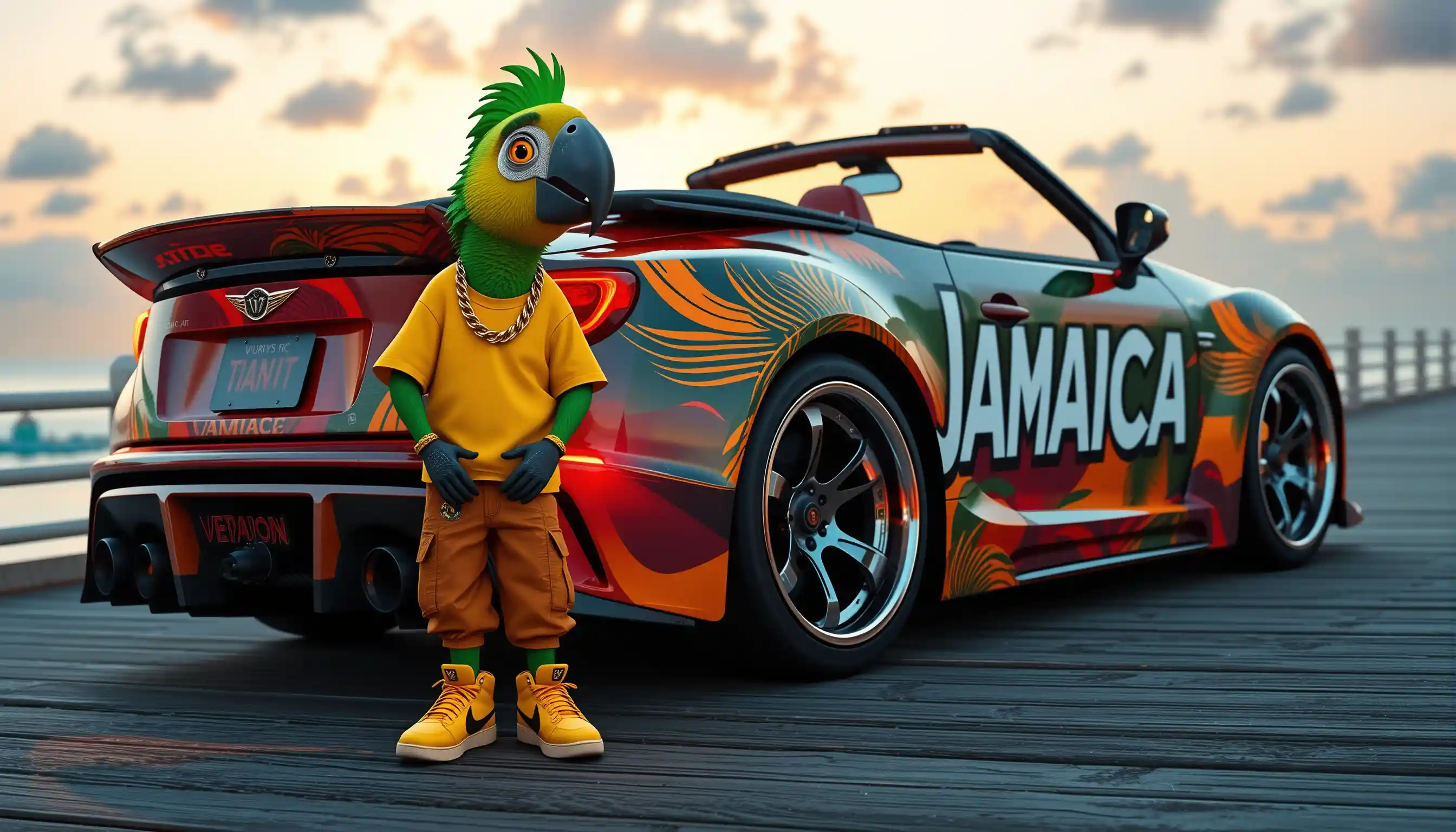 Anthropomorphic parrot rapper beside tropical tuned convertible