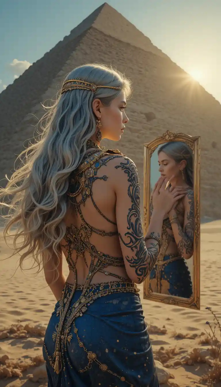 Ancient Egyptian queen before a colossal desert pyramid