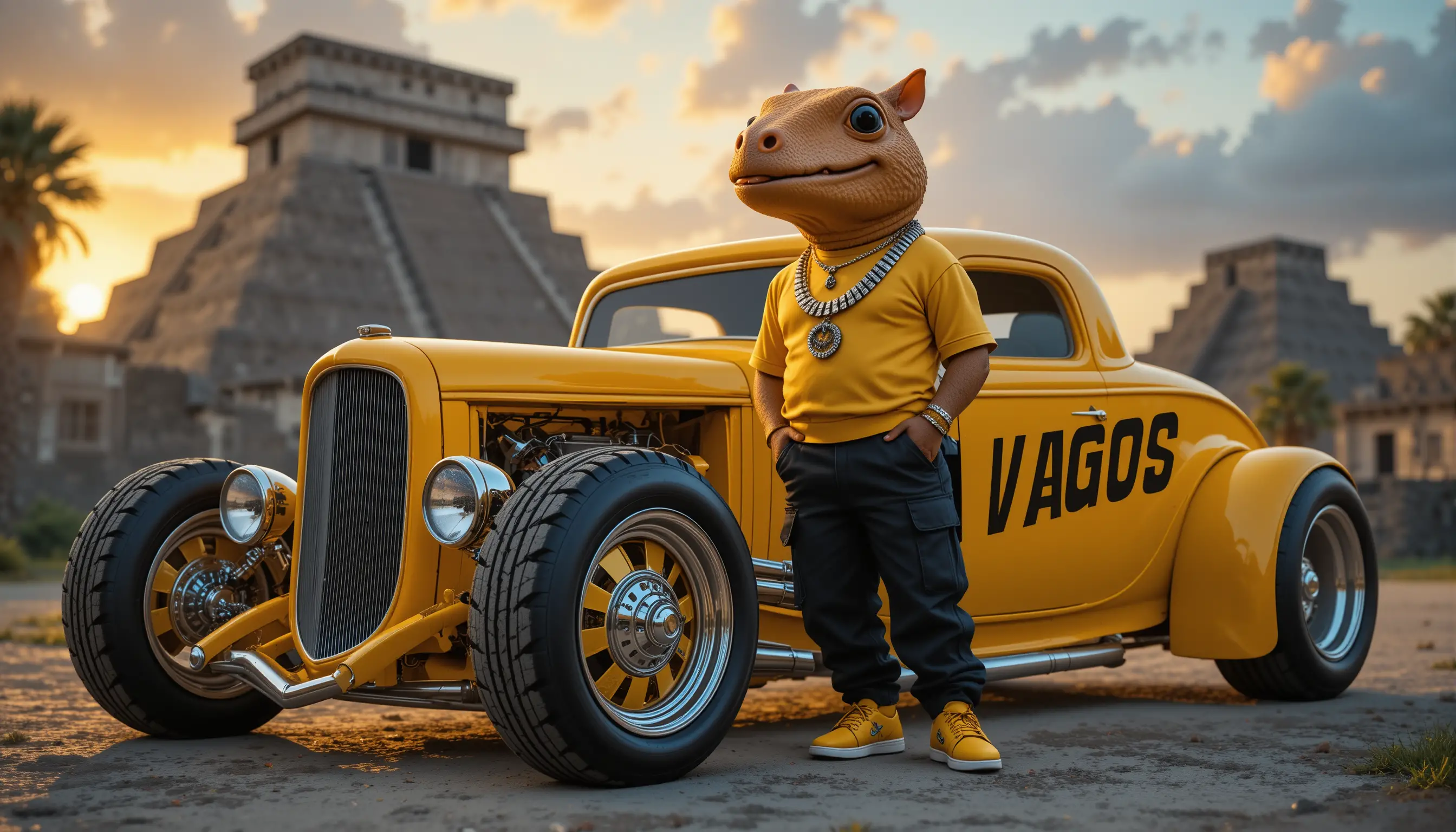 Anthropomorphic armadillo rapper beside yellow hot rod at sunset