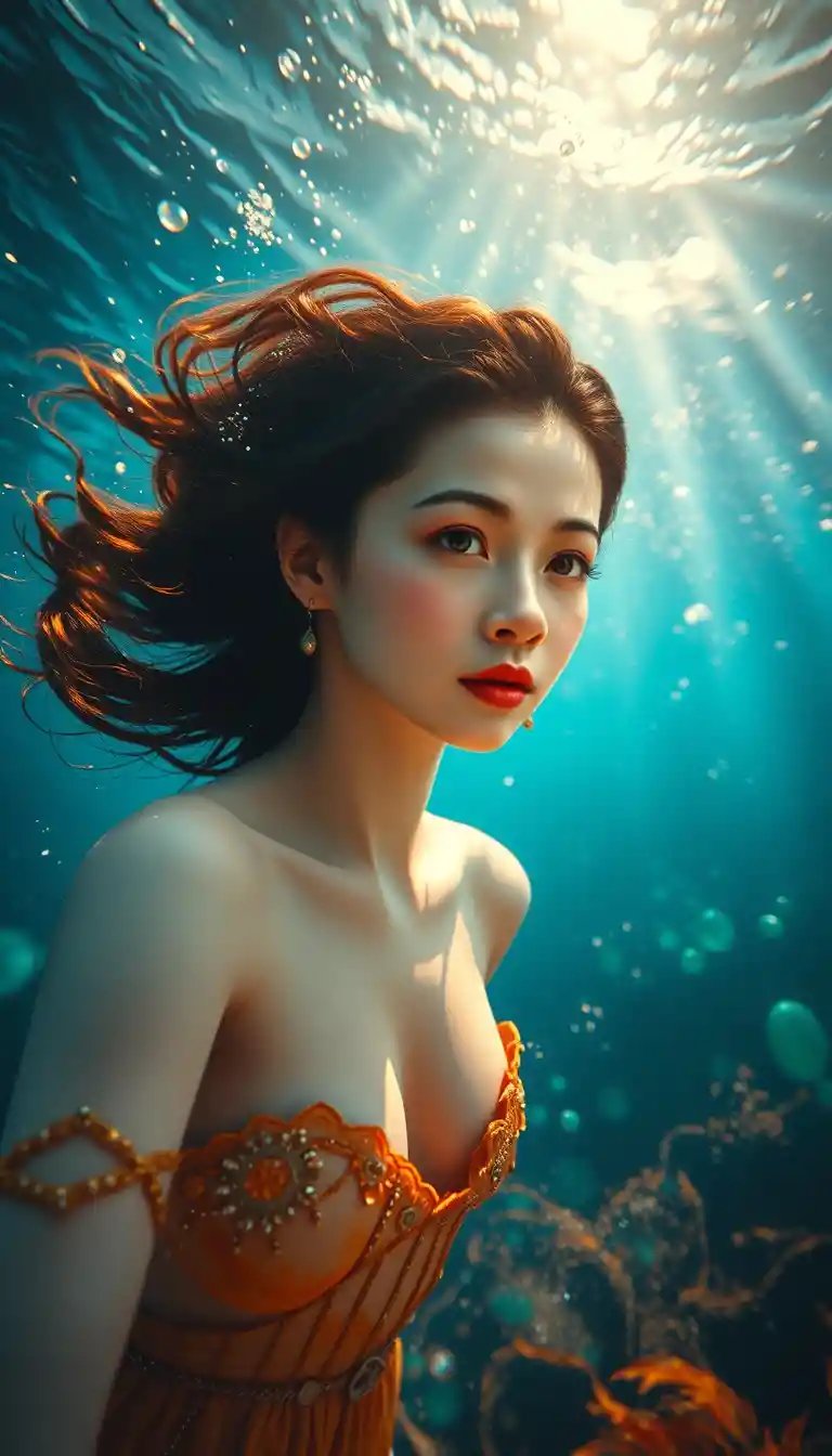 Elegant woman swimming through sunlit underwater seascape