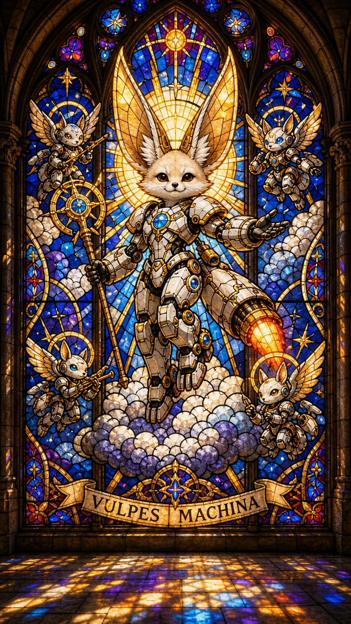 Stained Glass Mecha Fox Icon In Gothic Cathedral Window