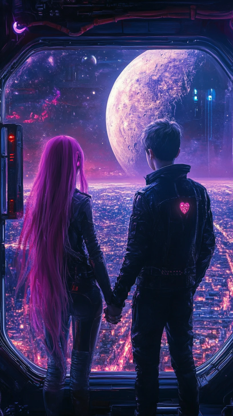 Anime couple holding hands by a space station window